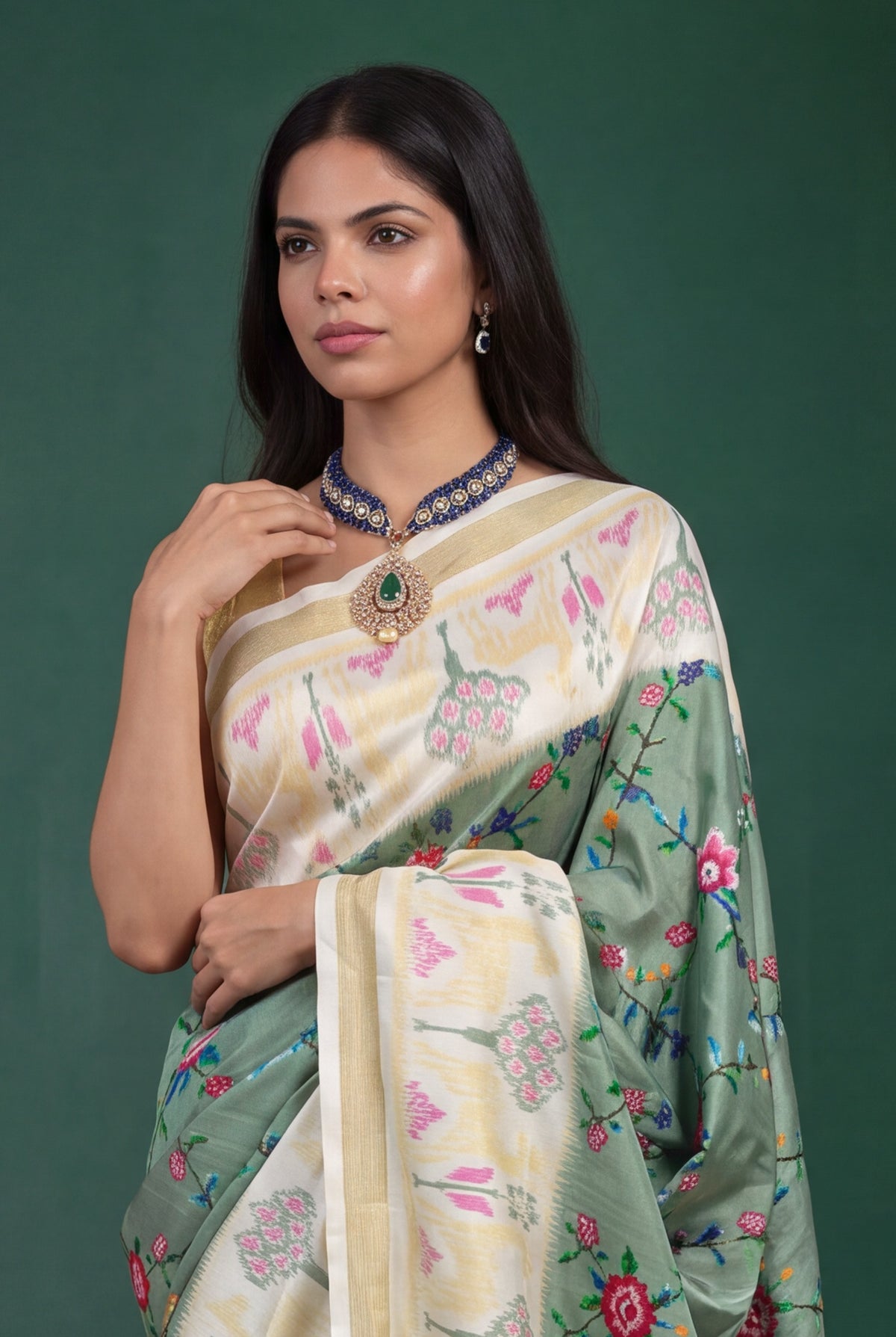Sage Green Twill Silk Patola Saree - Mokshaa