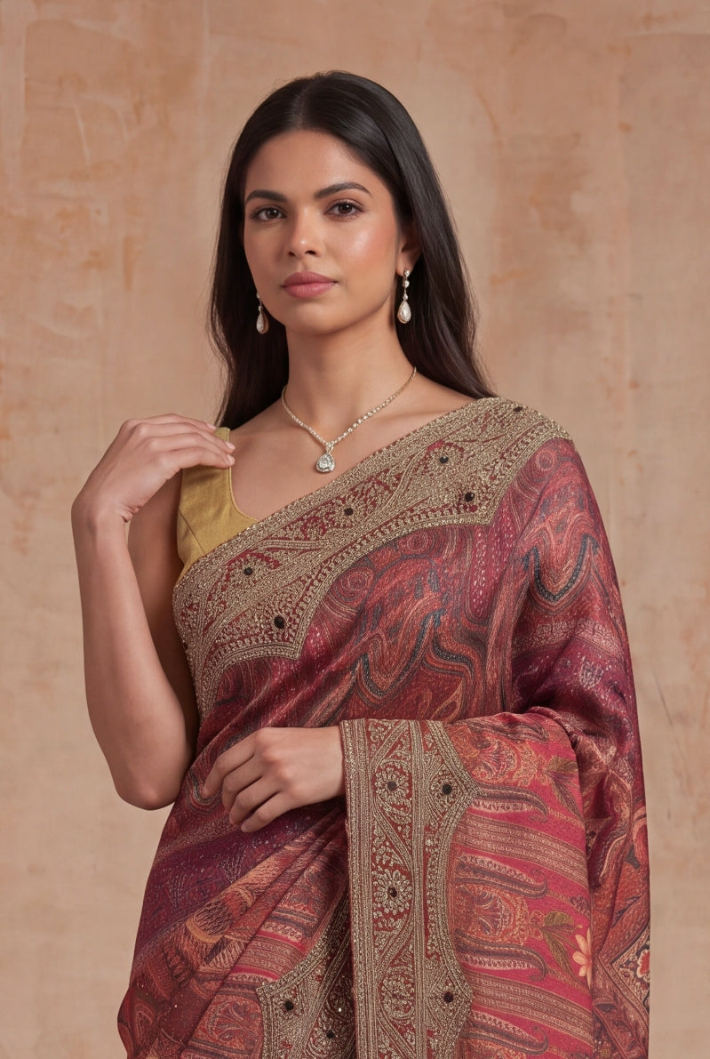 Maroon Satin Silk Saree - Mokshaa
