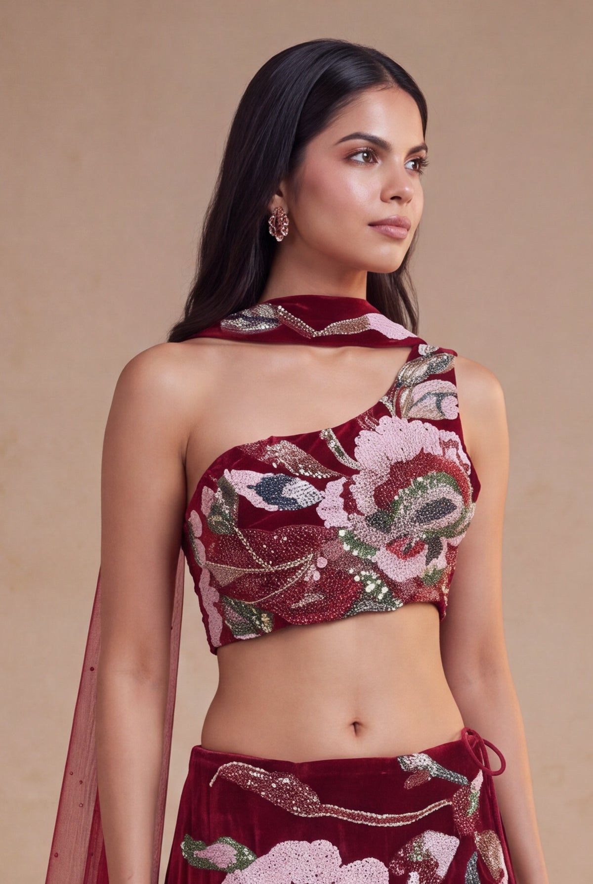 Cherry Red Velvet Lehenga Set with Cutdana and Pearl Embroidery - Mokshaa