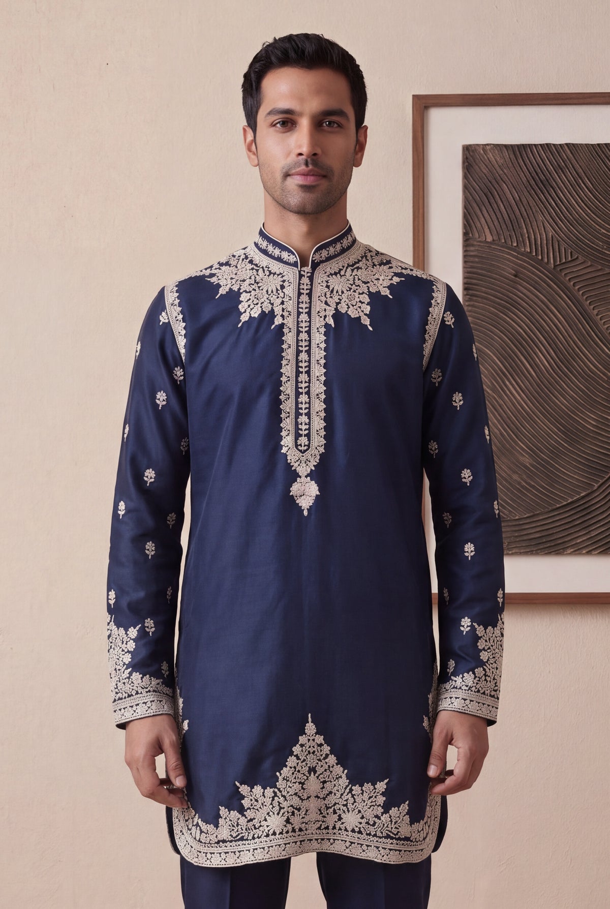 Navy Blue Silk Kurta Pant Set - Mokshaa
