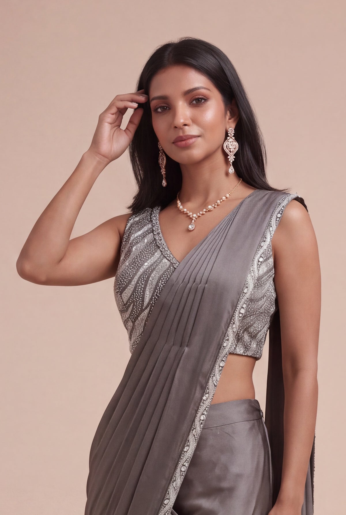 Charcoal Grey Satin Silk Pre-Draped Saree - Mokshaa