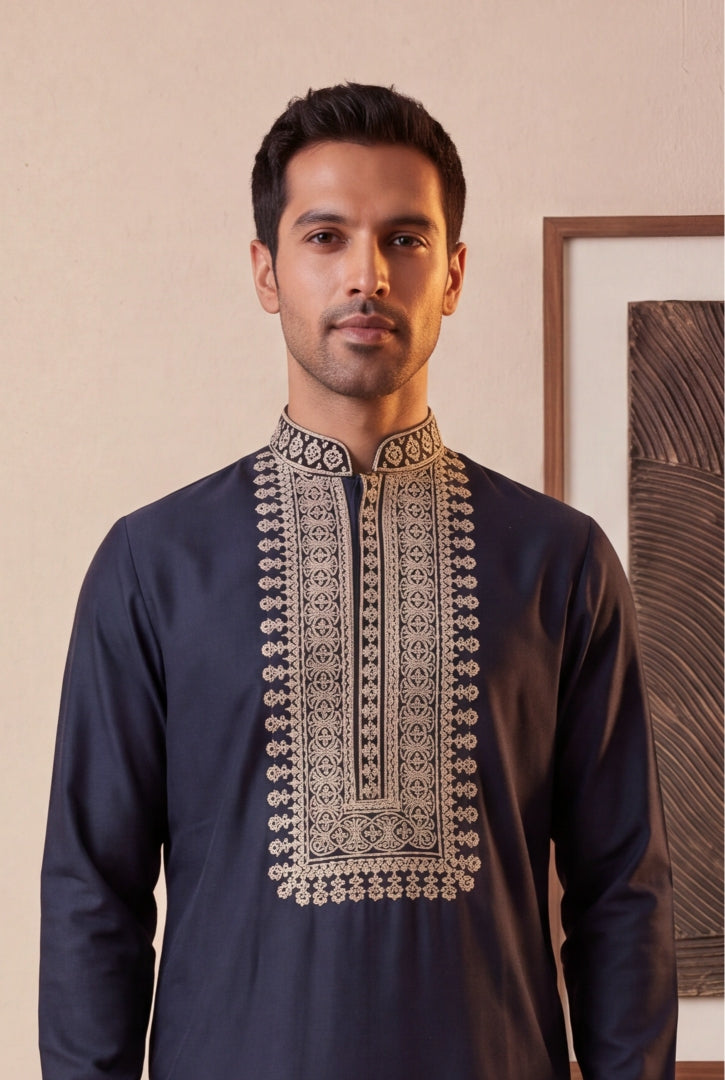 Navy Blue Embroidered Silk Kurta Set - Mokshaa