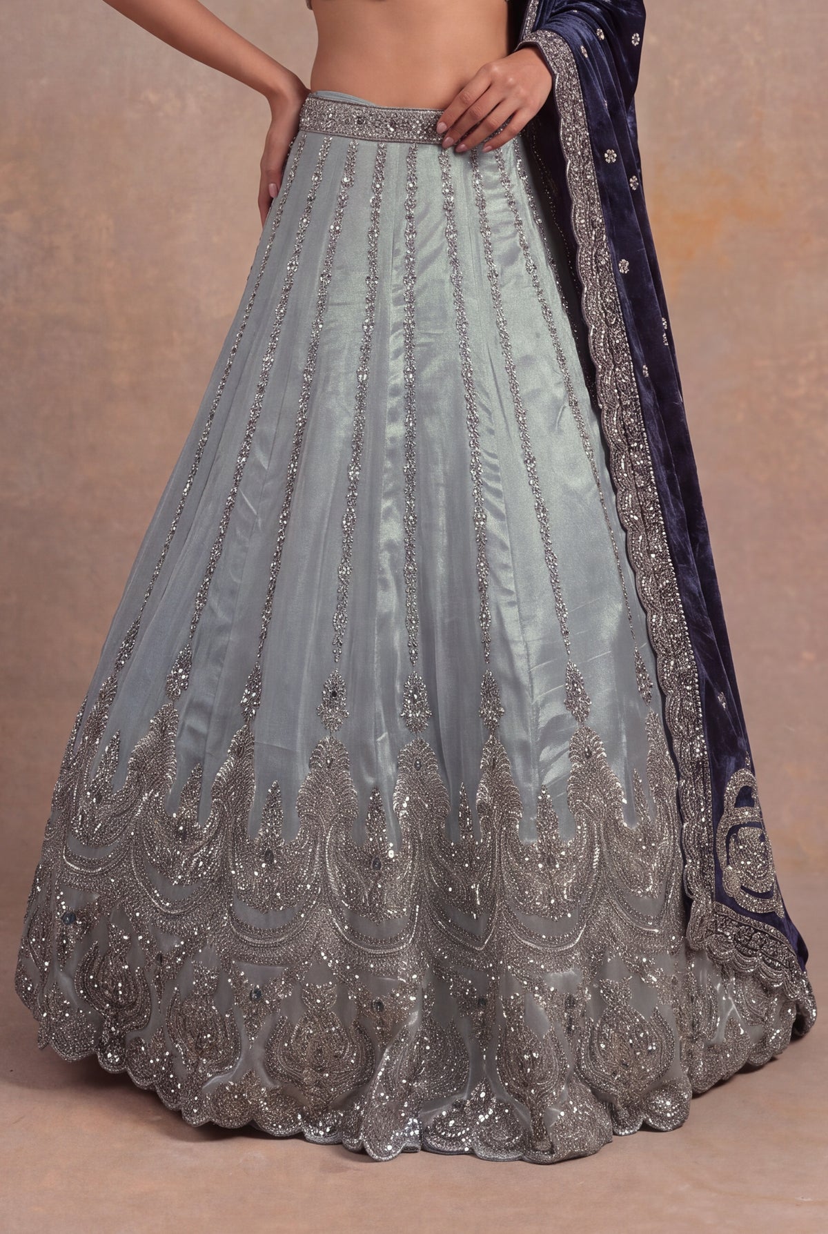 Ice Blue Shimmer Tissue Lehenga - Mokshaa