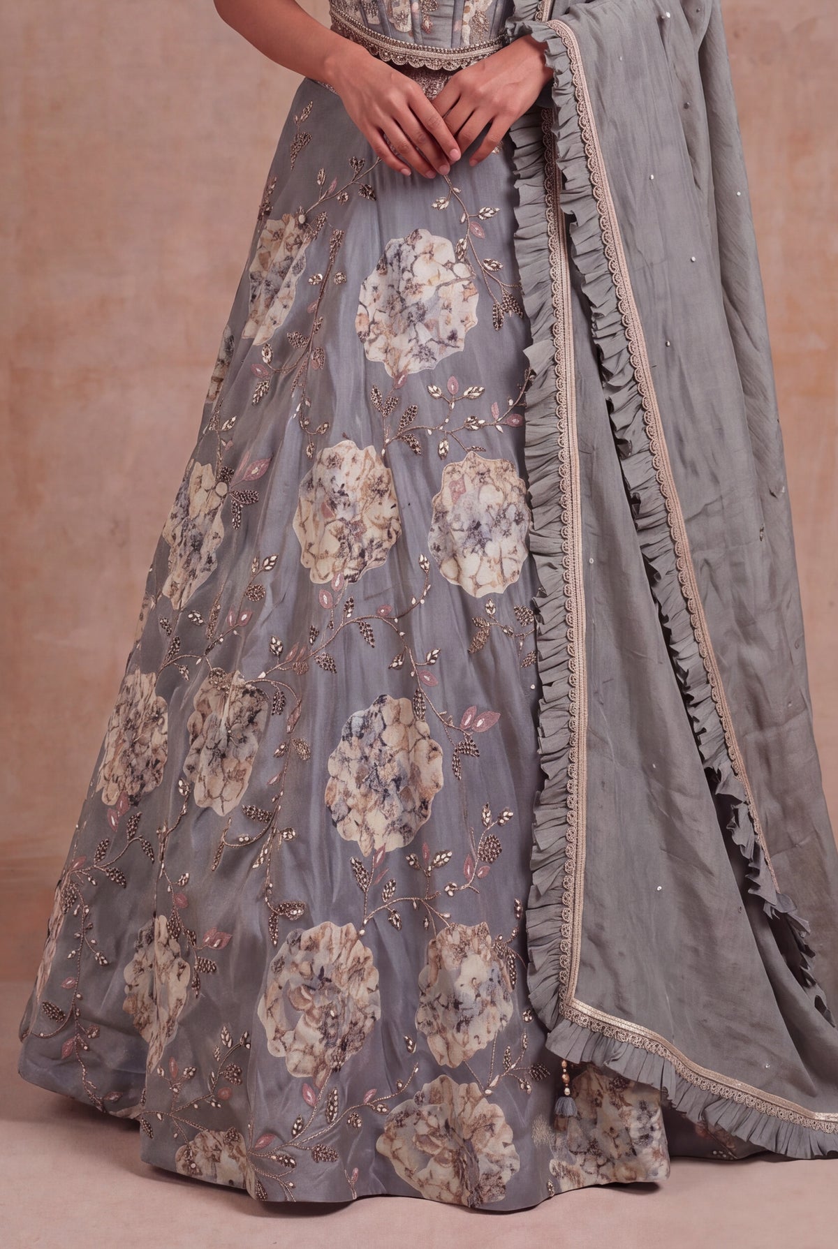 Grey Tissue Silk Floral Lehenga with Zari Work - Mokshaa