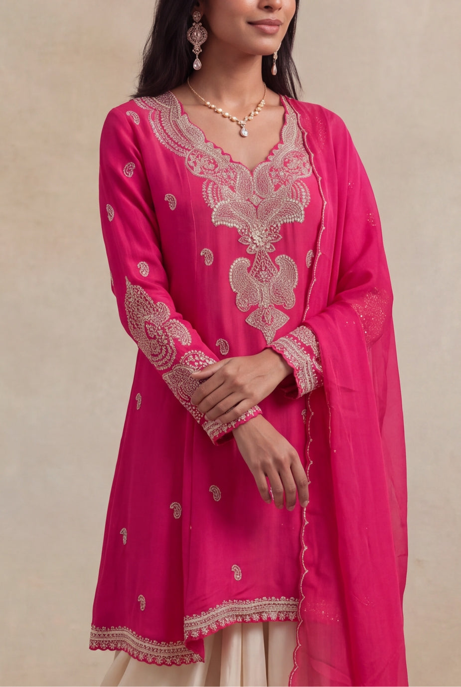 Rani Pink Chinon Indo-Western Drape Set - Mokshaa