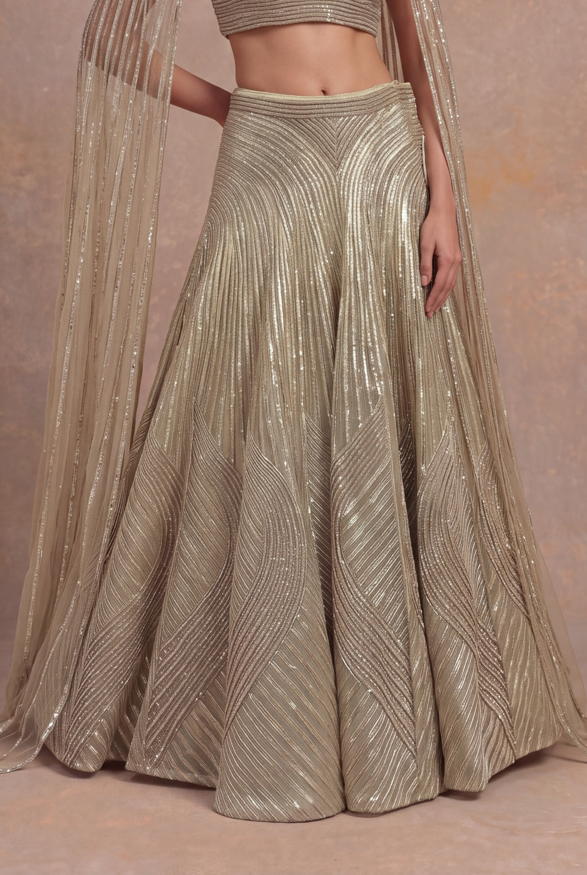 Gold Organza Lehenga with Attached Dupatta Blouse - Mokshaa