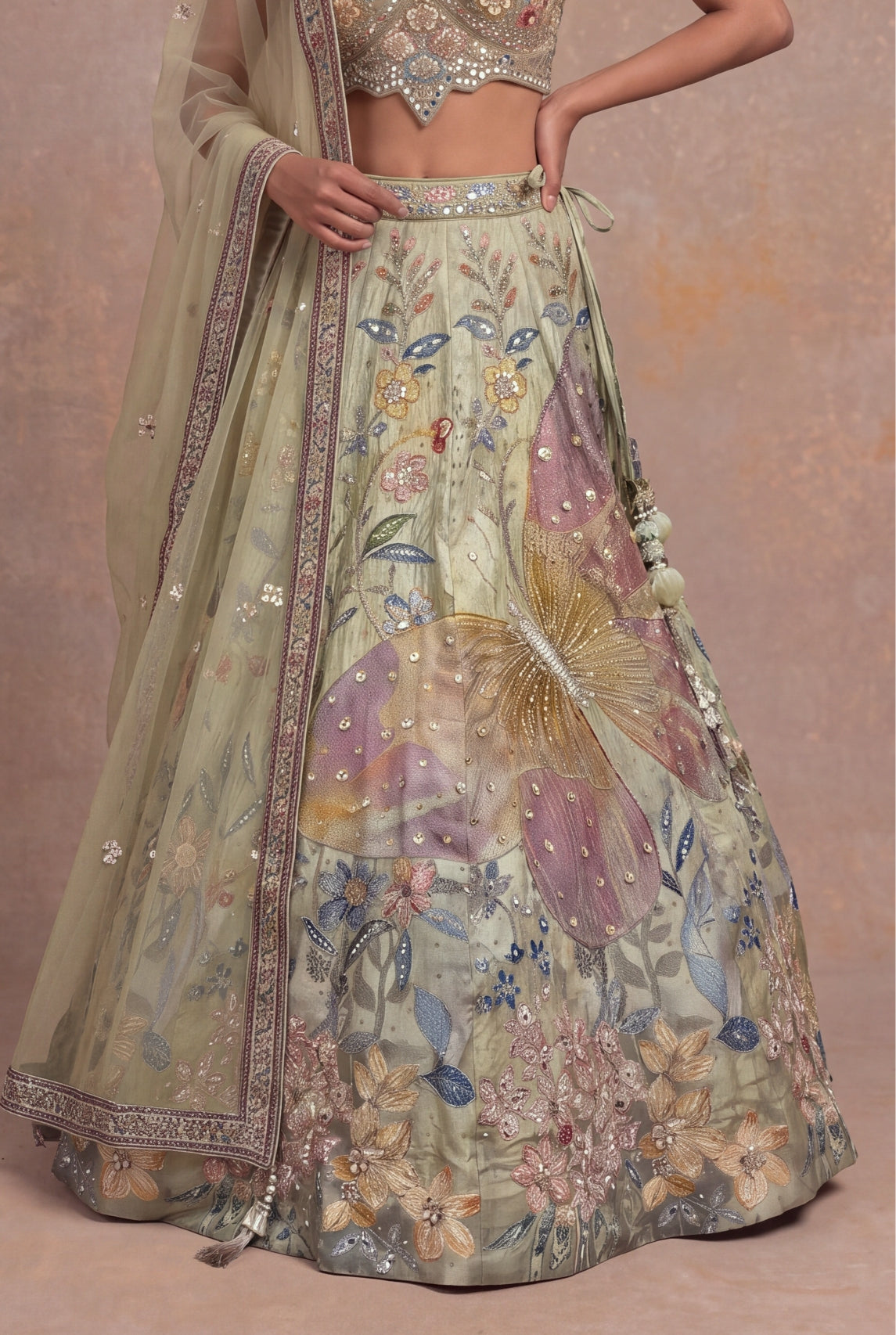 Pista Green Silk Floral Embroidered Lehenga - Mokshaa