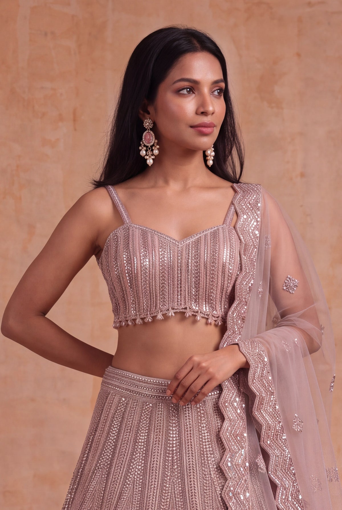 Dusty Rose Embellished Lehenga - Mokshaa