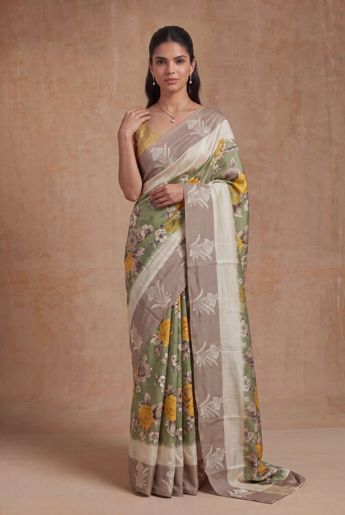 Sage Green Tussar Silk Saree - Mokshaa