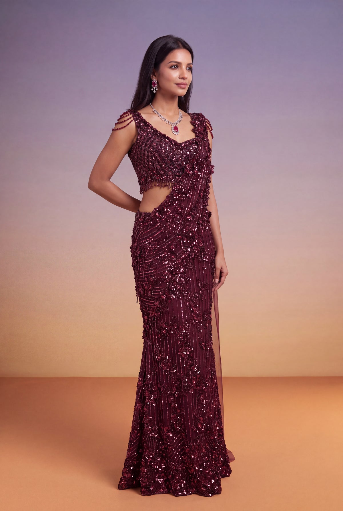 Wine Net Fish-Cut Indo-Western Drape Saree - Mokshaa