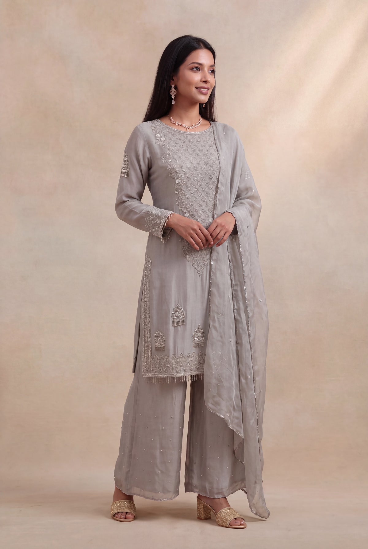 Grey Crepe Palazzo Set - Mokshaa