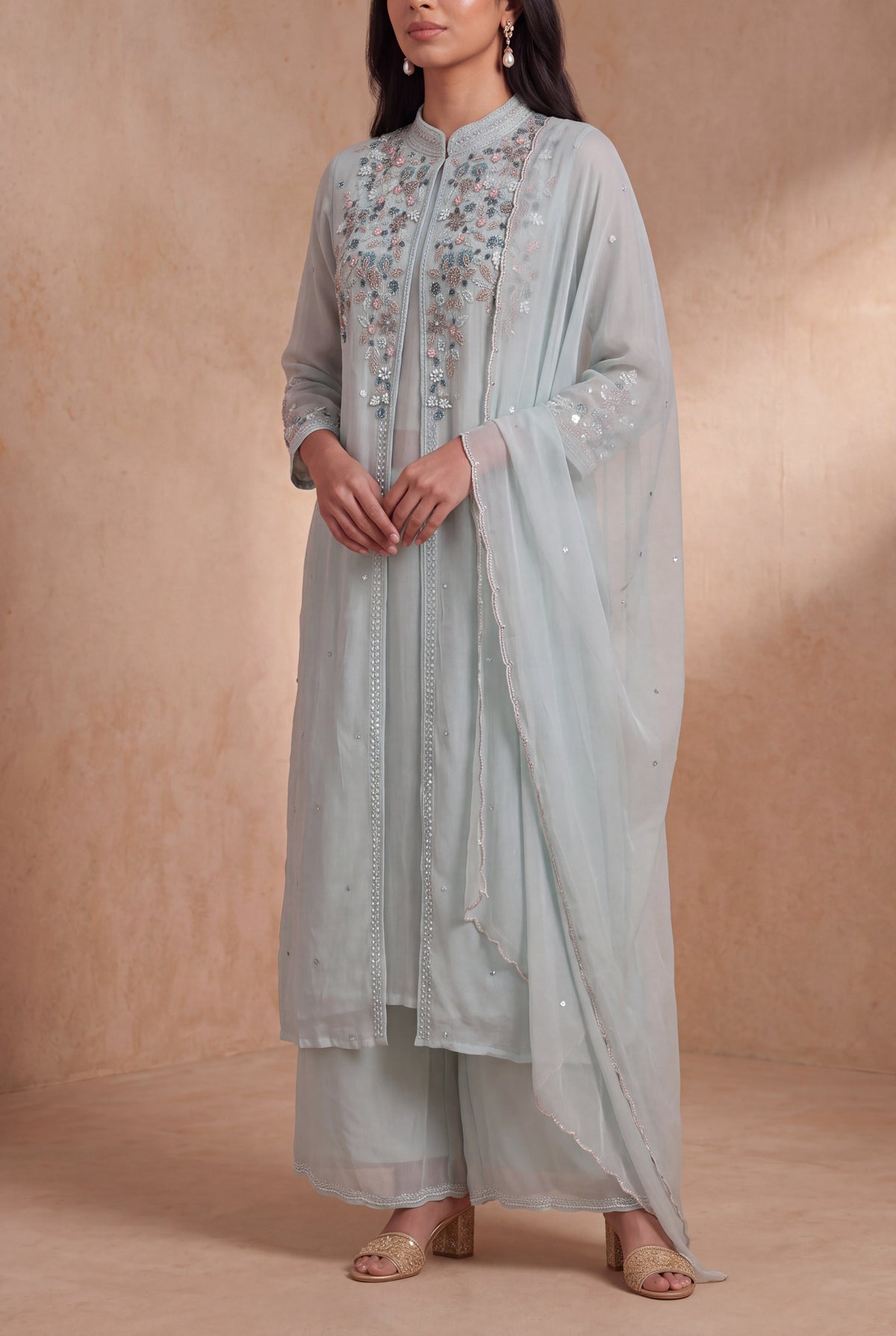 Powder Blue Crepe Indo-Western Sharara Set - Mokshaa