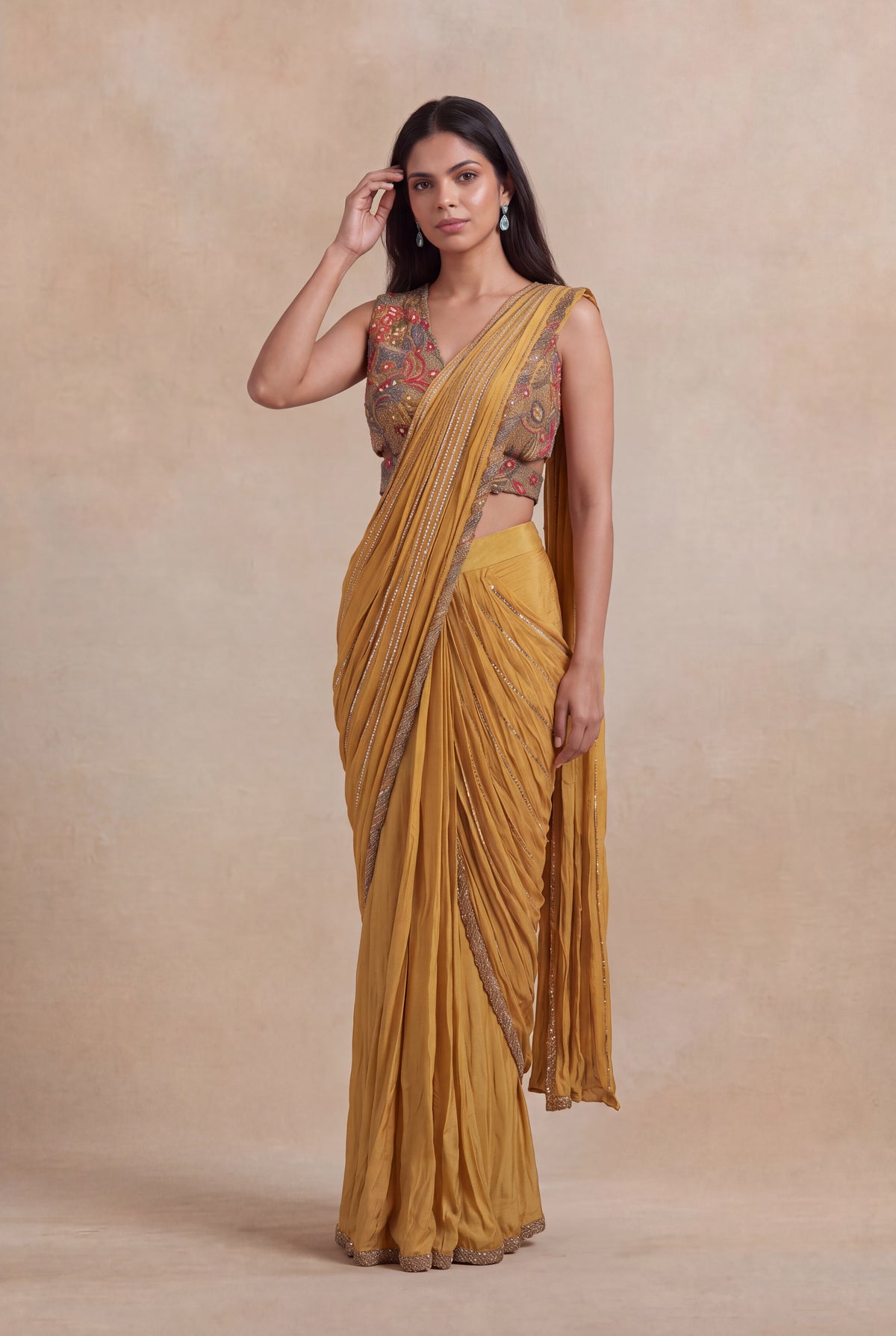 Mustard Yellow Draped Saree with Metallic Embroidered Blouse - Mokshaa