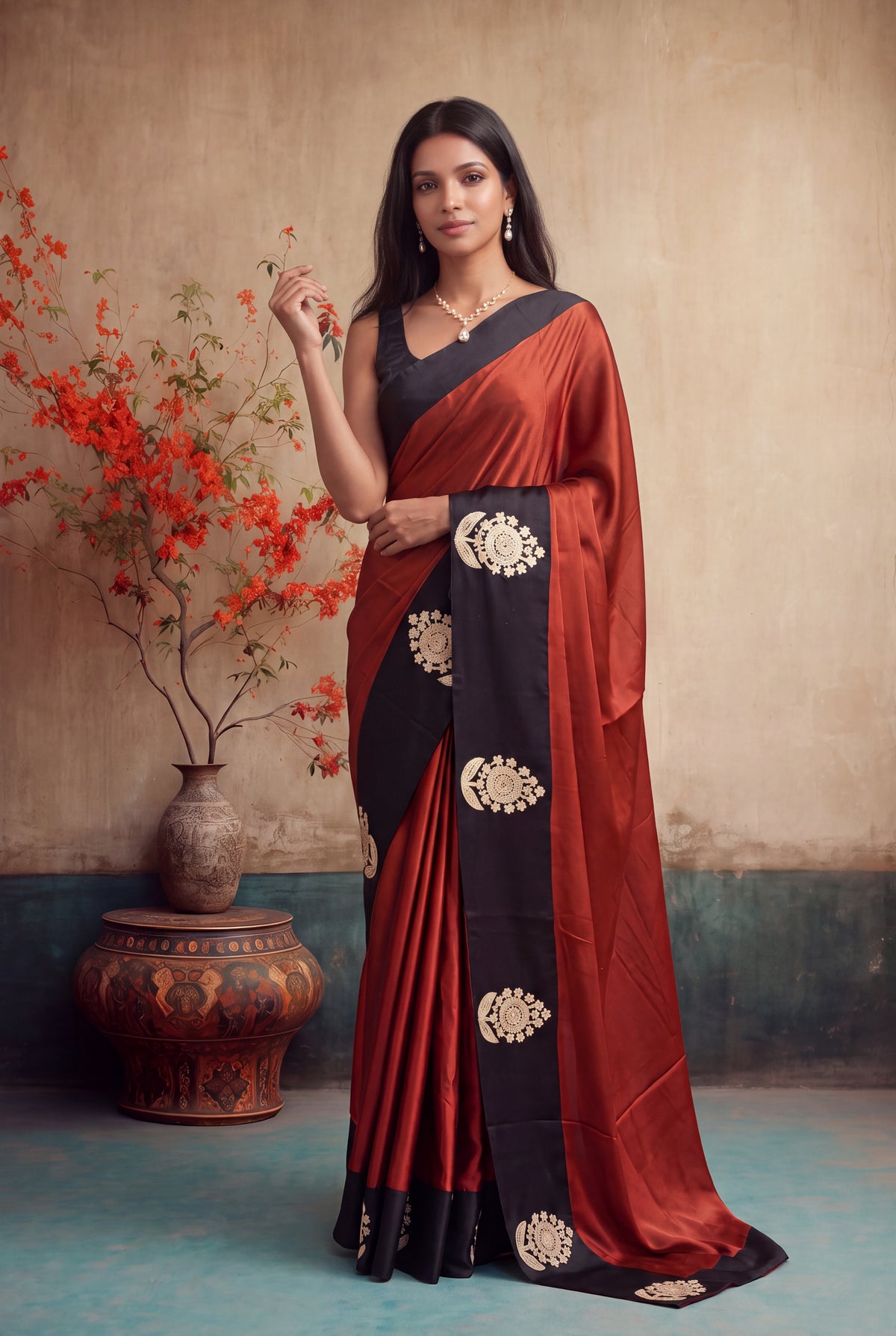 Rust Orange Crepe Silk Saree - Mokshaa