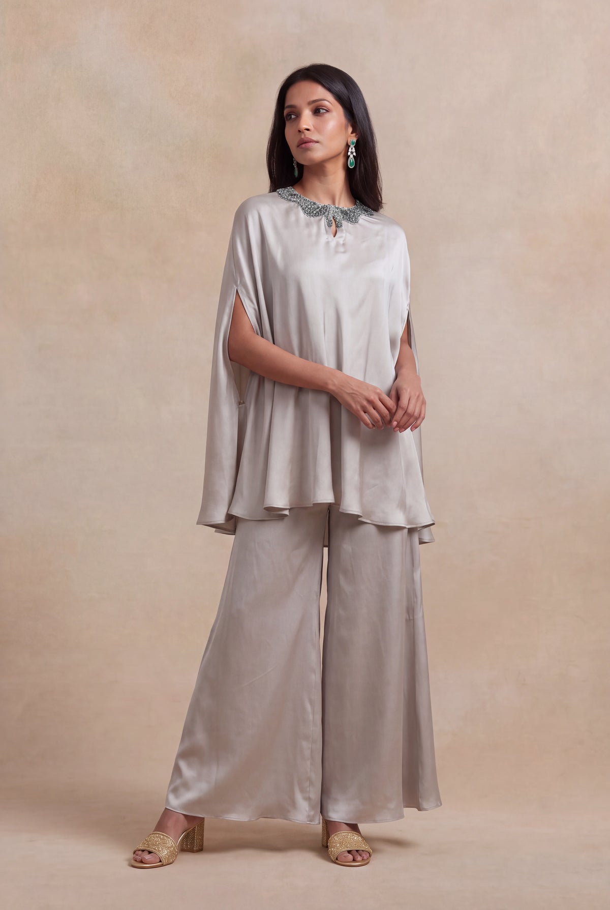Silver Grey Satin Silk Cape Set with Bead Embellishment - Mokshaa