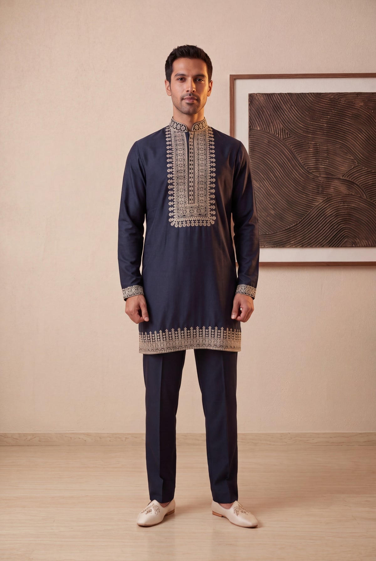 Navy Blue Embroidered Silk Kurta Set - Mokshaa