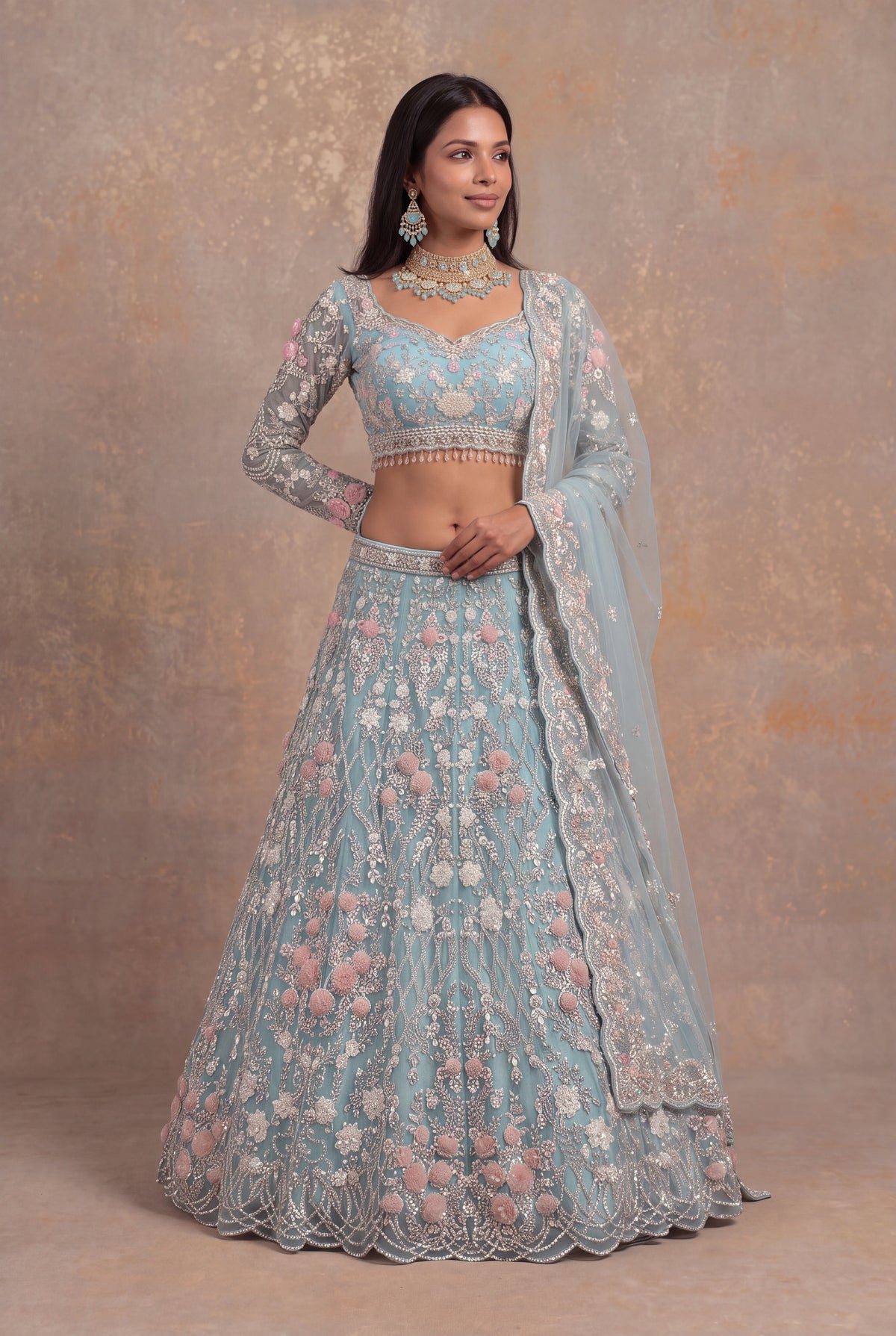 Sea Blue Net Lehenga Set with Sequin and Floral Applique Work - Mokshaa