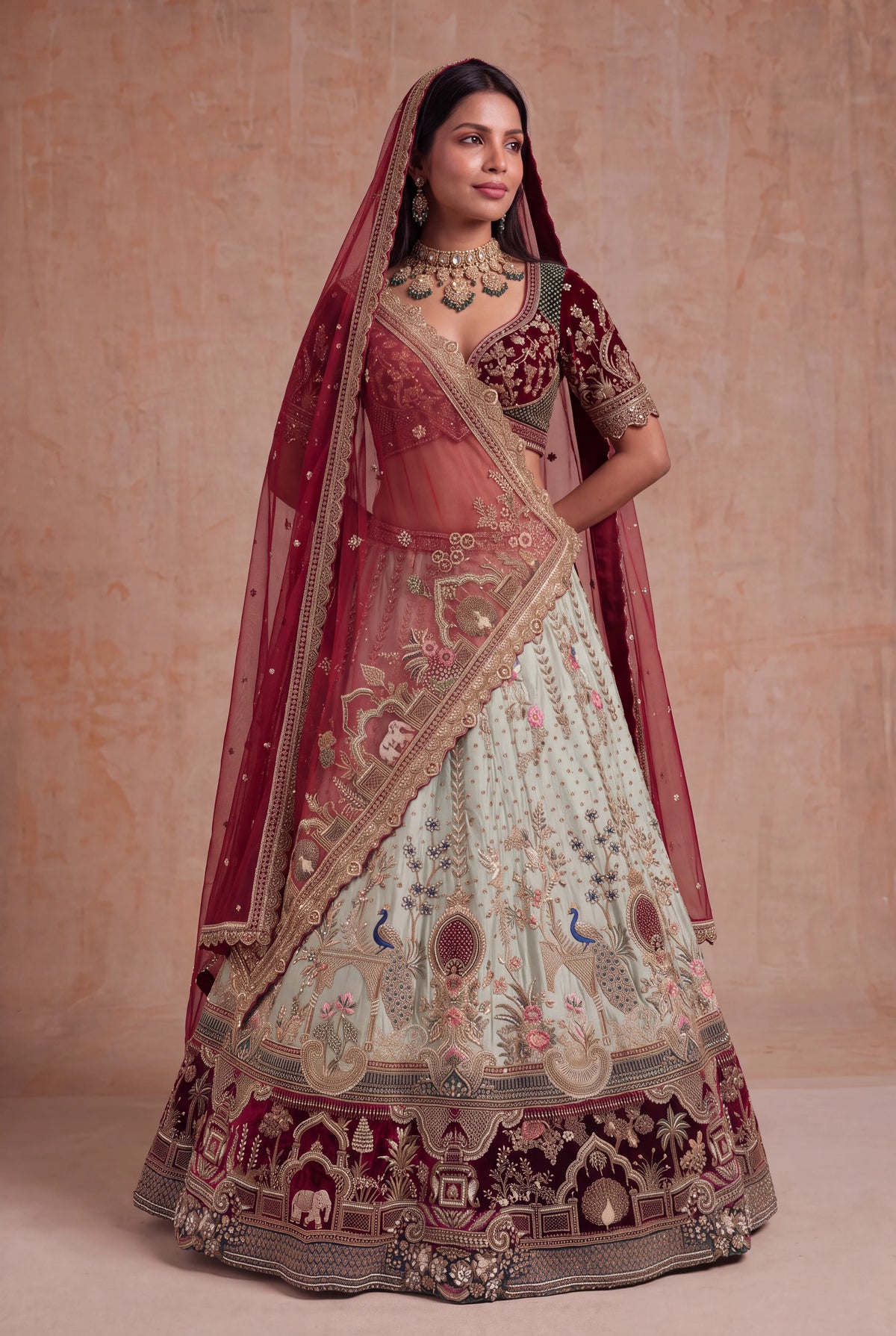 Ivory Raw Silk Lehenga with Zardosi & Pearl Work - Mokshaa