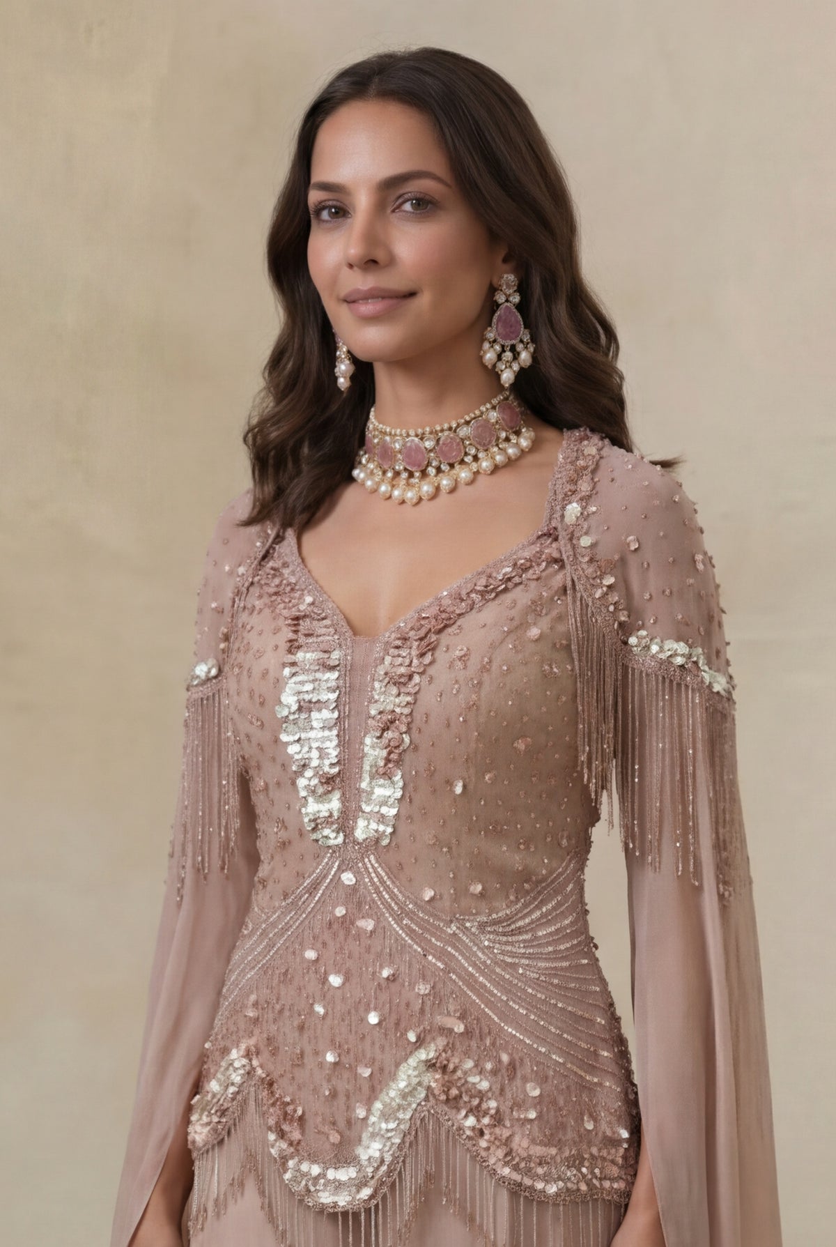 Dusty Mauve Georgette Sequin & Katdana Indo Western Set - Mokshaa