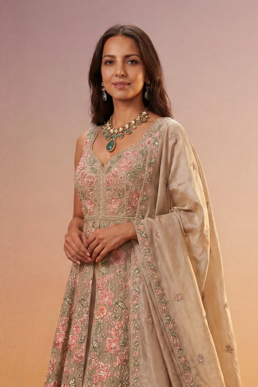 Champagne Beige Tissue Silk Indo-Western Lehenga