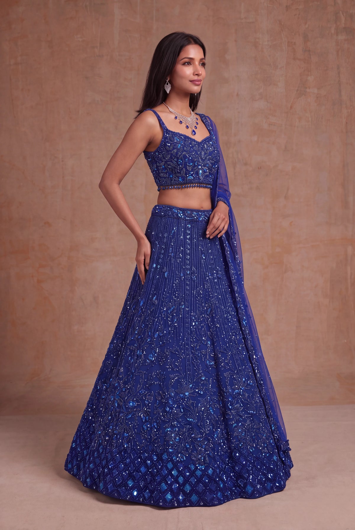Royal Blue Net Lehenga with Sequin, Kutdana & Stone Embroidery - Mokshaa