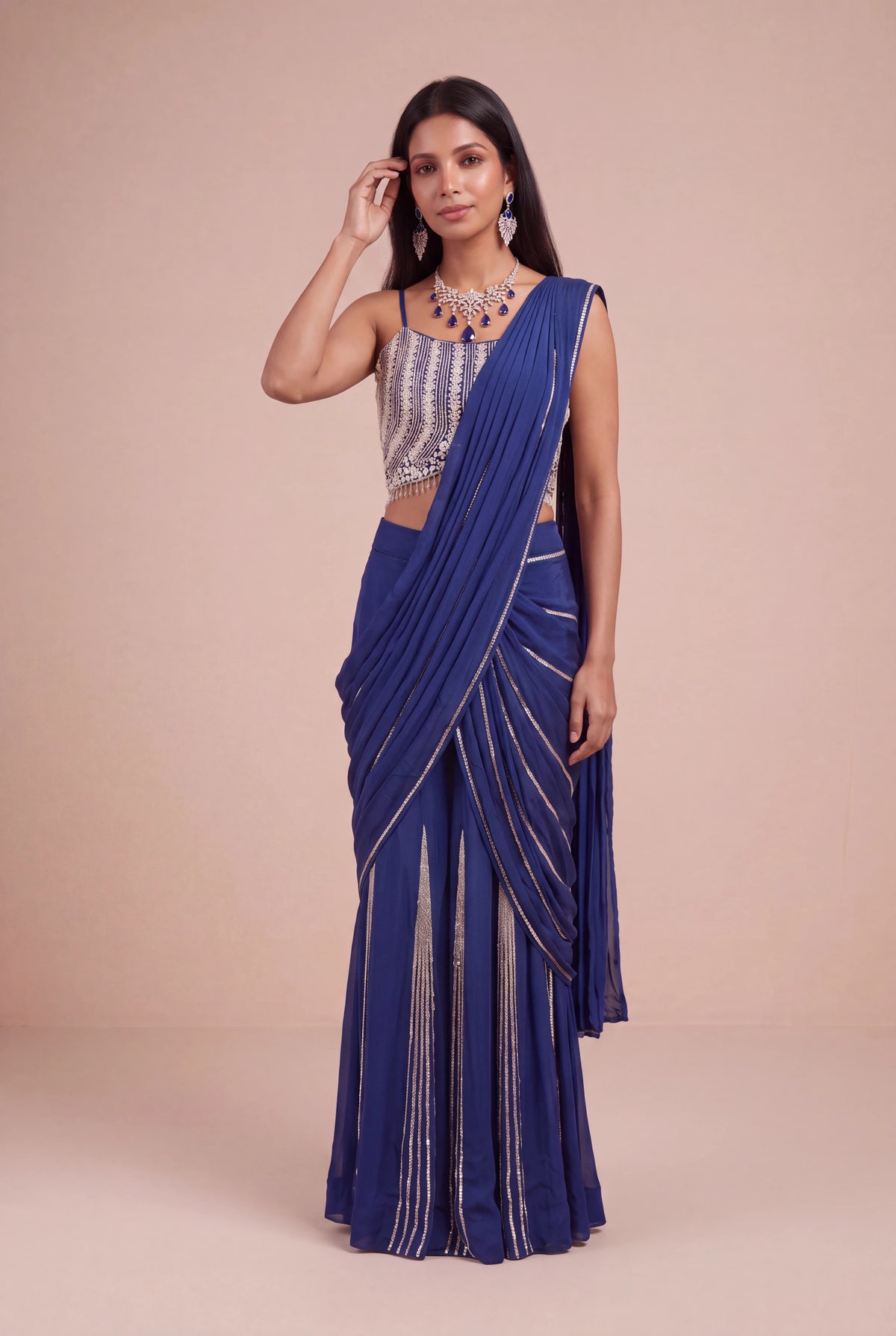 Royal Blue Chinon Crepe Draped Saree - Mokshaa