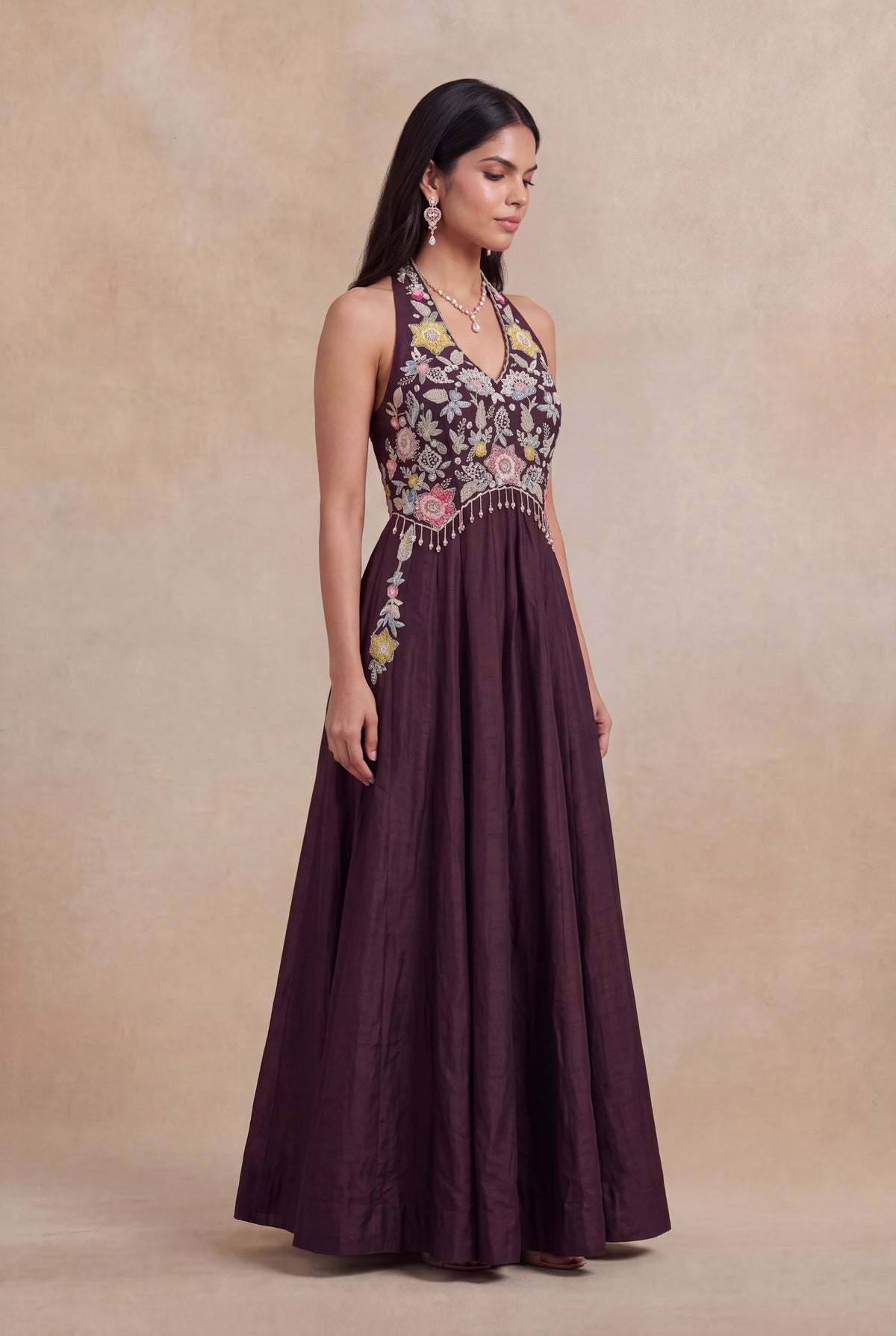 Wine Raw Silk Floral Embroidered Western Gown - Mokshaa