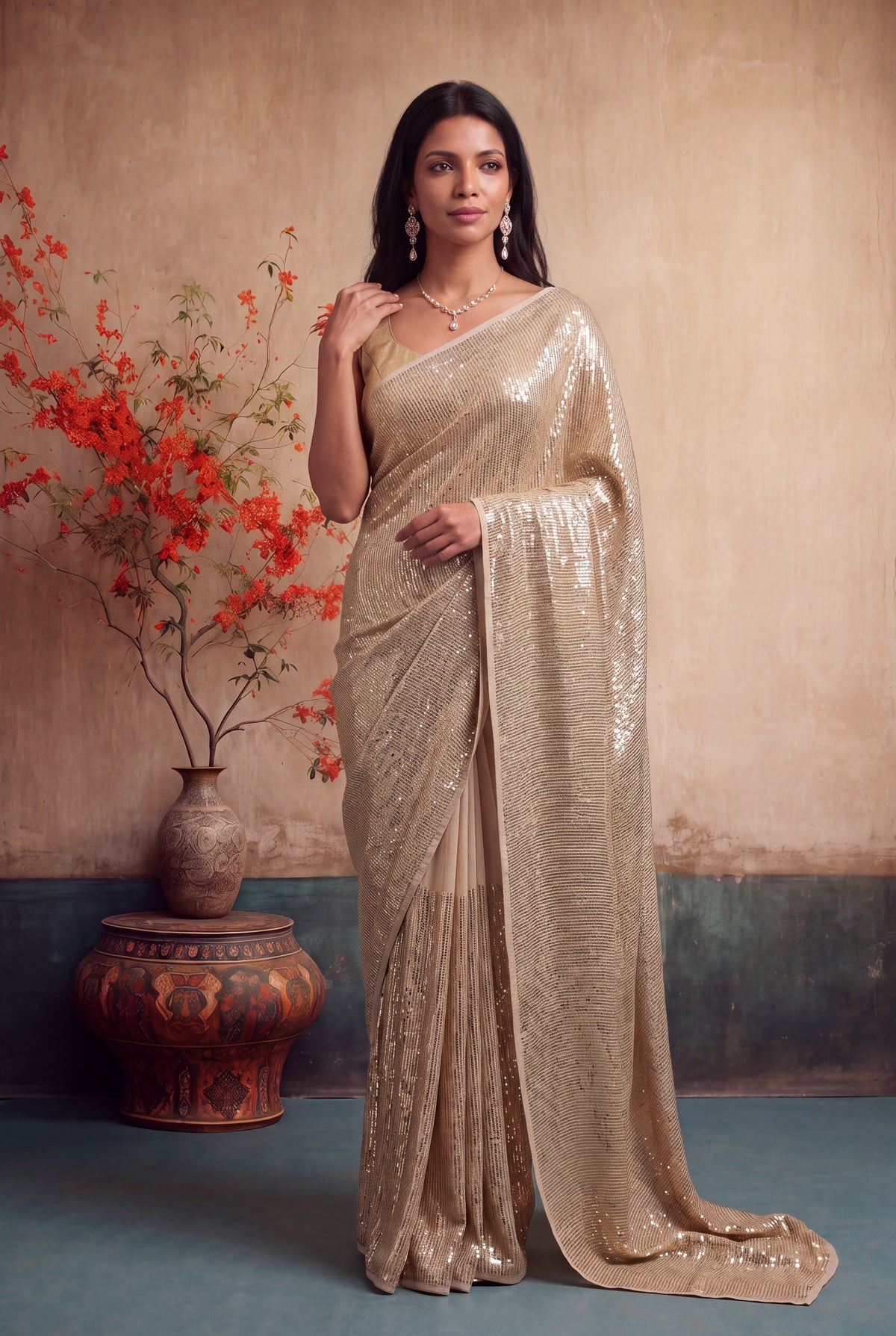 Beige Georgette Saree - Mokshaa