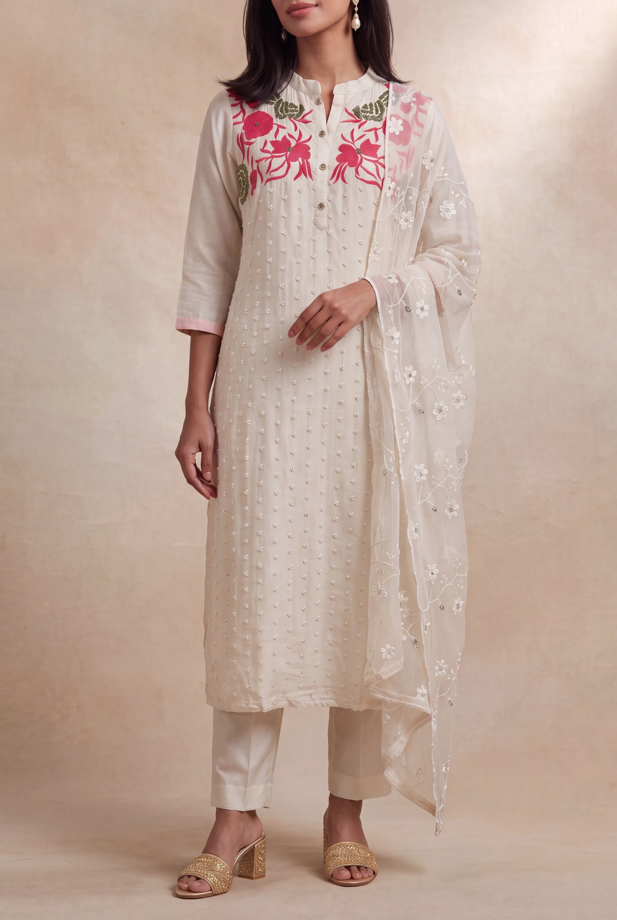 Ivory Silk Straight-Cut Salwar Set - Mokshaa