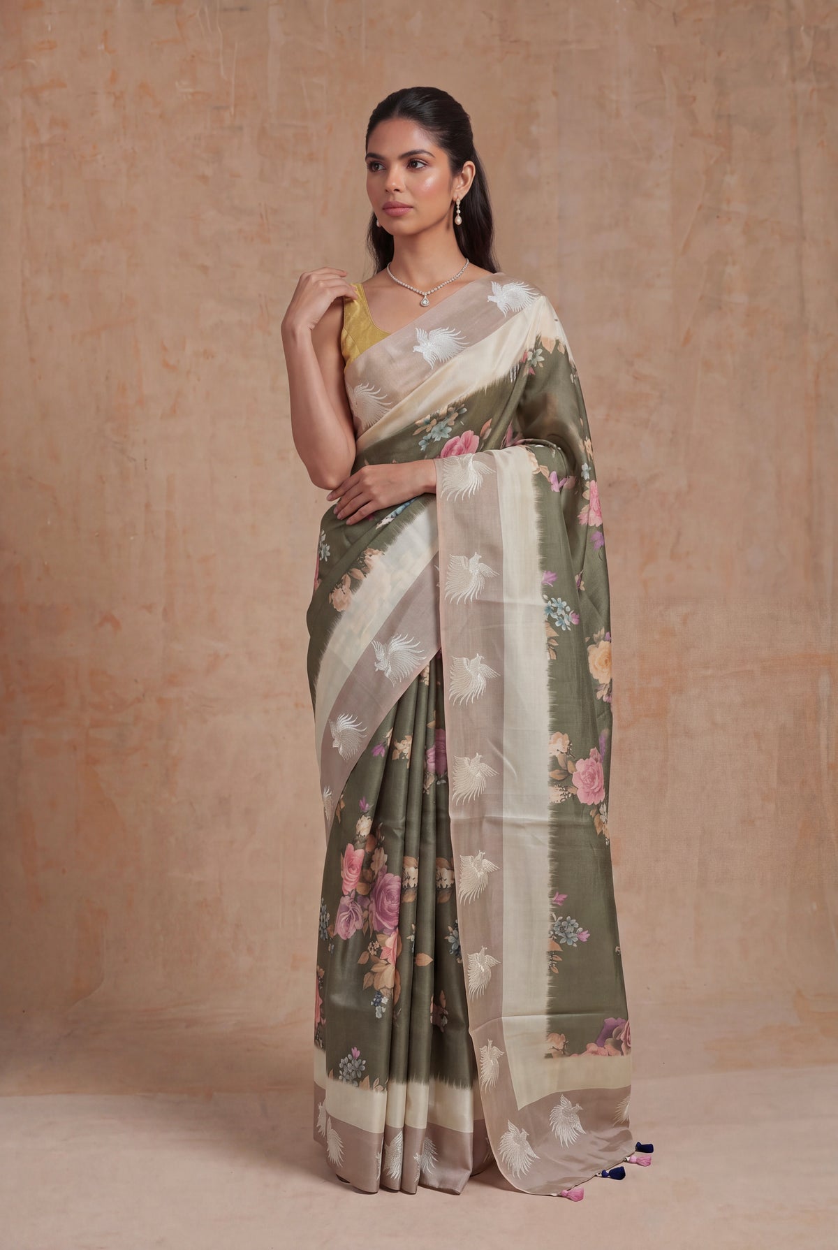 Olive Green Tussar Silk Saree - Mokshaa