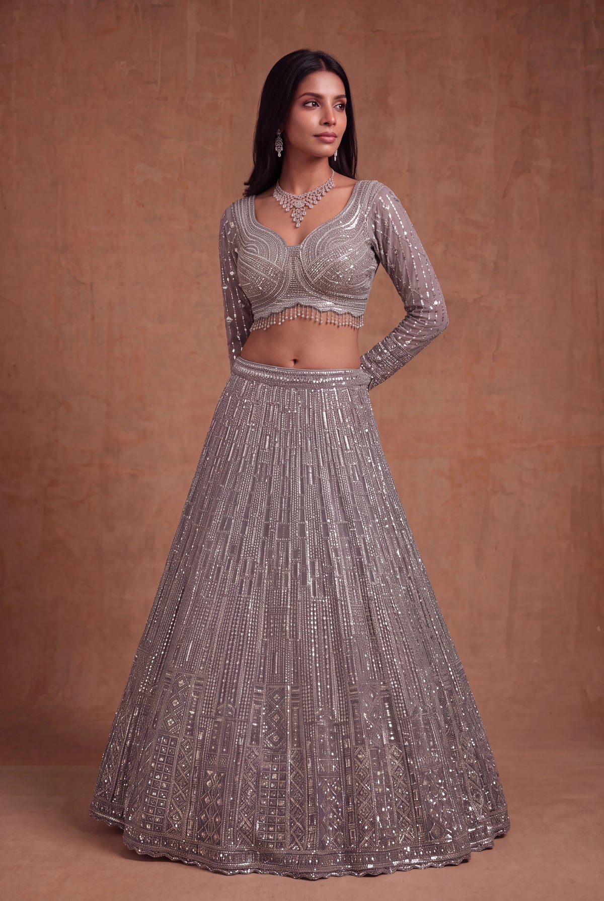 Silver Grey Net Lehenga - Mokshaa