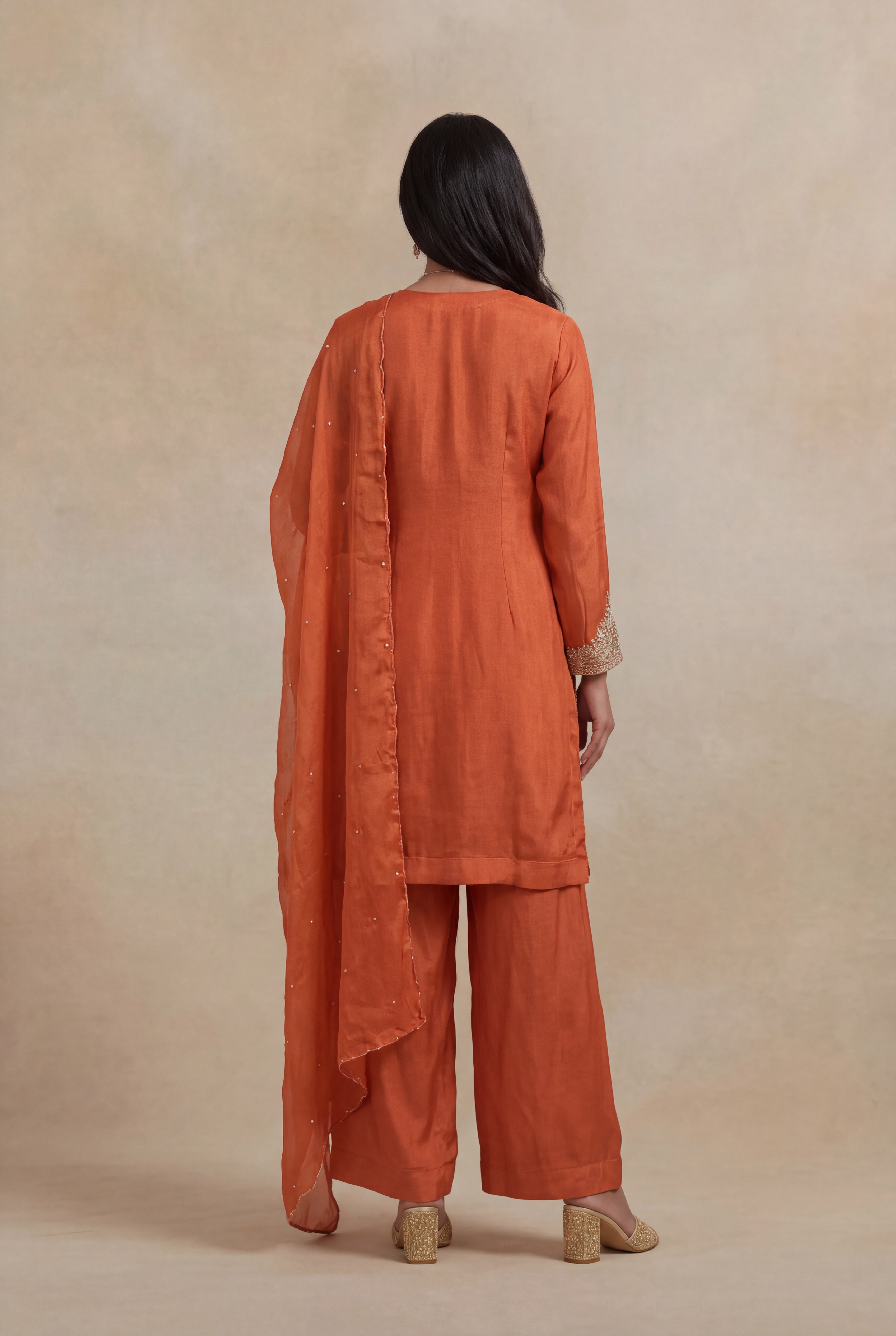 Orange Crepe Embroidered Short Top Sharara Set