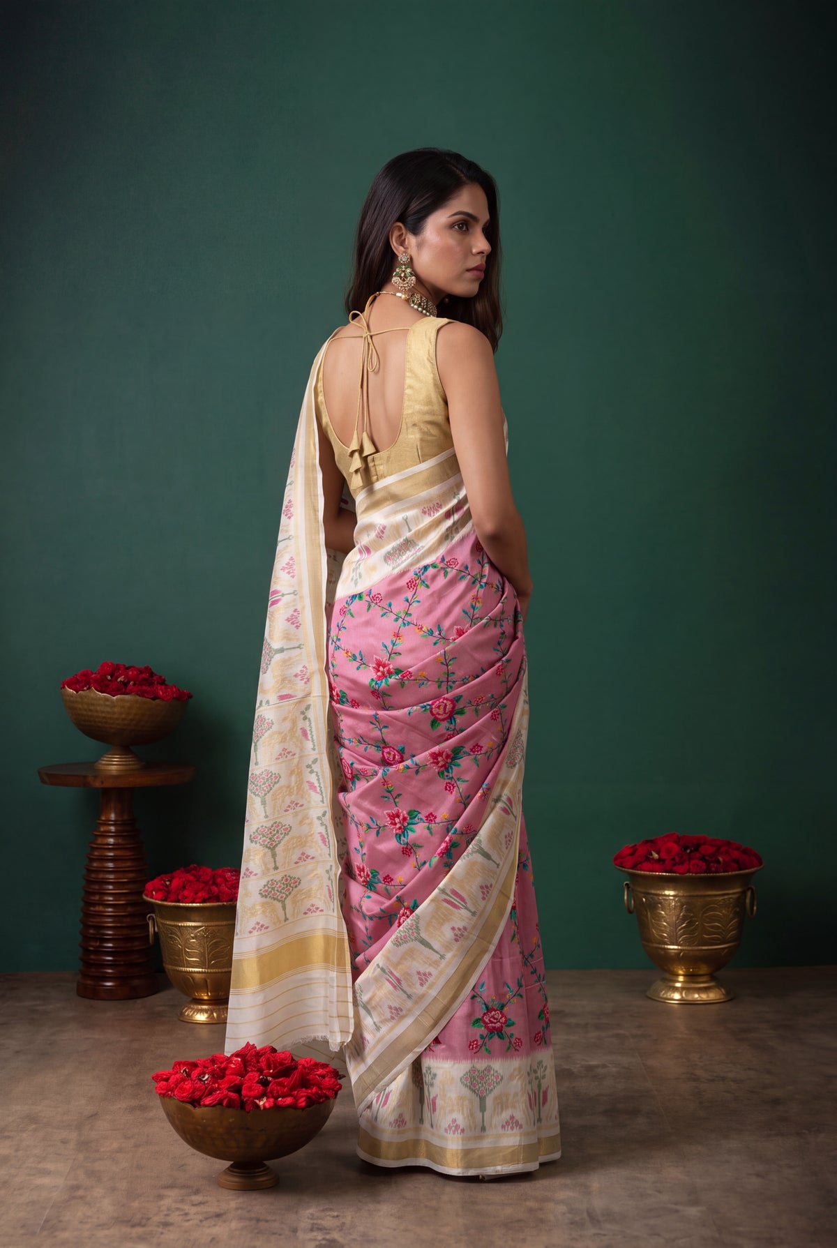 Rose Pink Twill Silk Patola Saree - Mokshaa