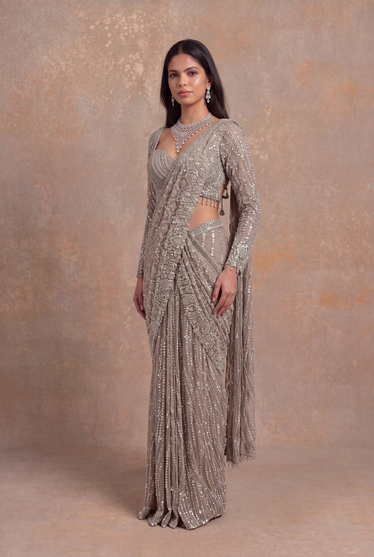 Rose Gold Embellished Net Pre-Draped Saree - Mokshaa