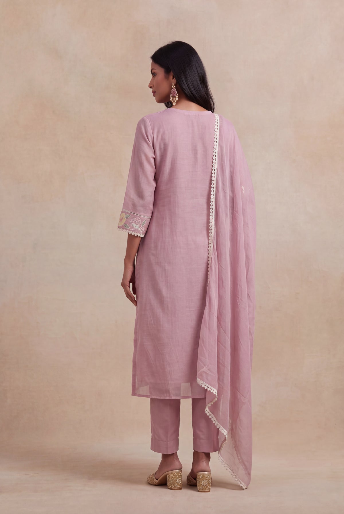 Dusty Rose Mul Cotton Embroidered Kurti Set - Mokshaa