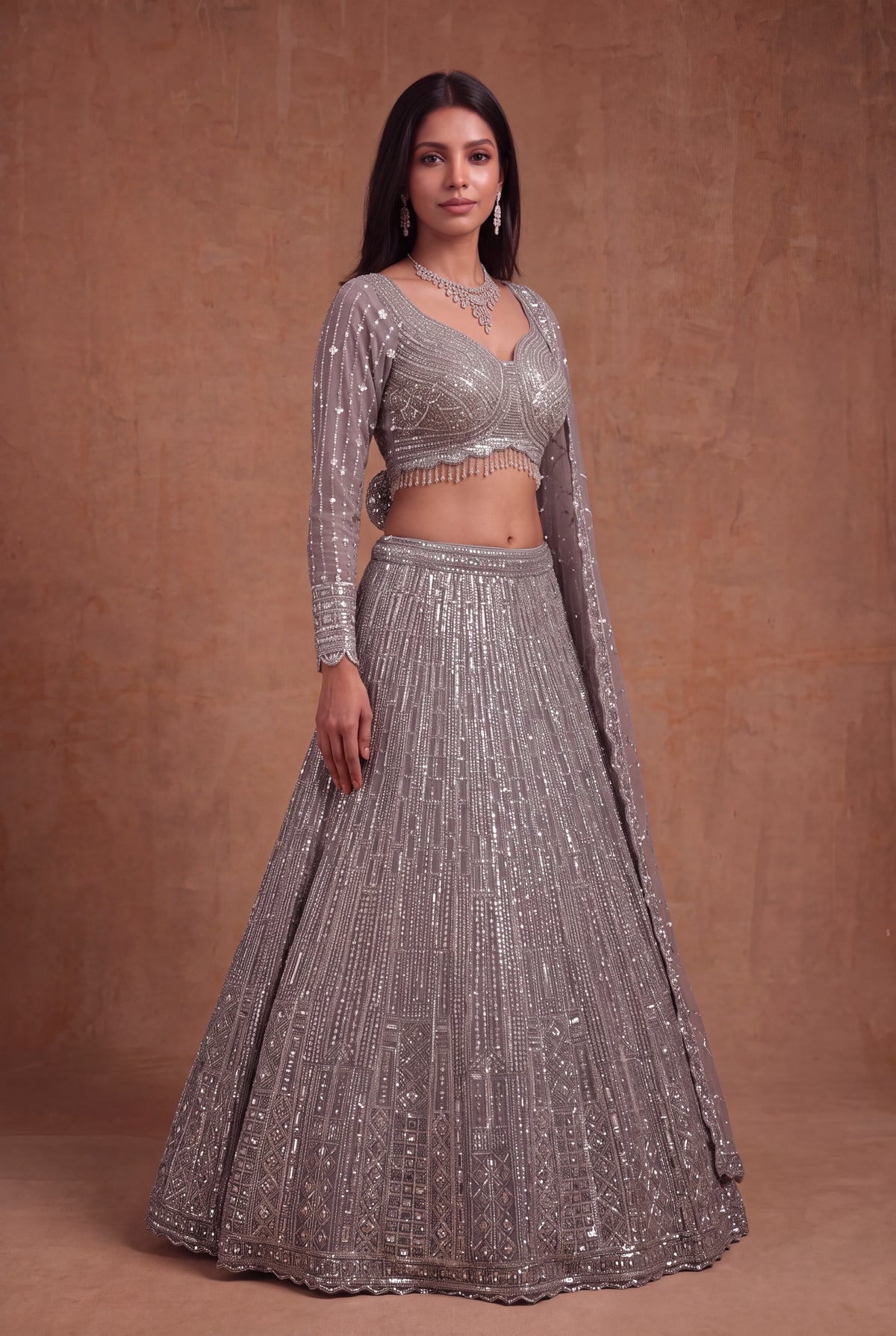 Silver Grey Net Lehenga - Mokshaa