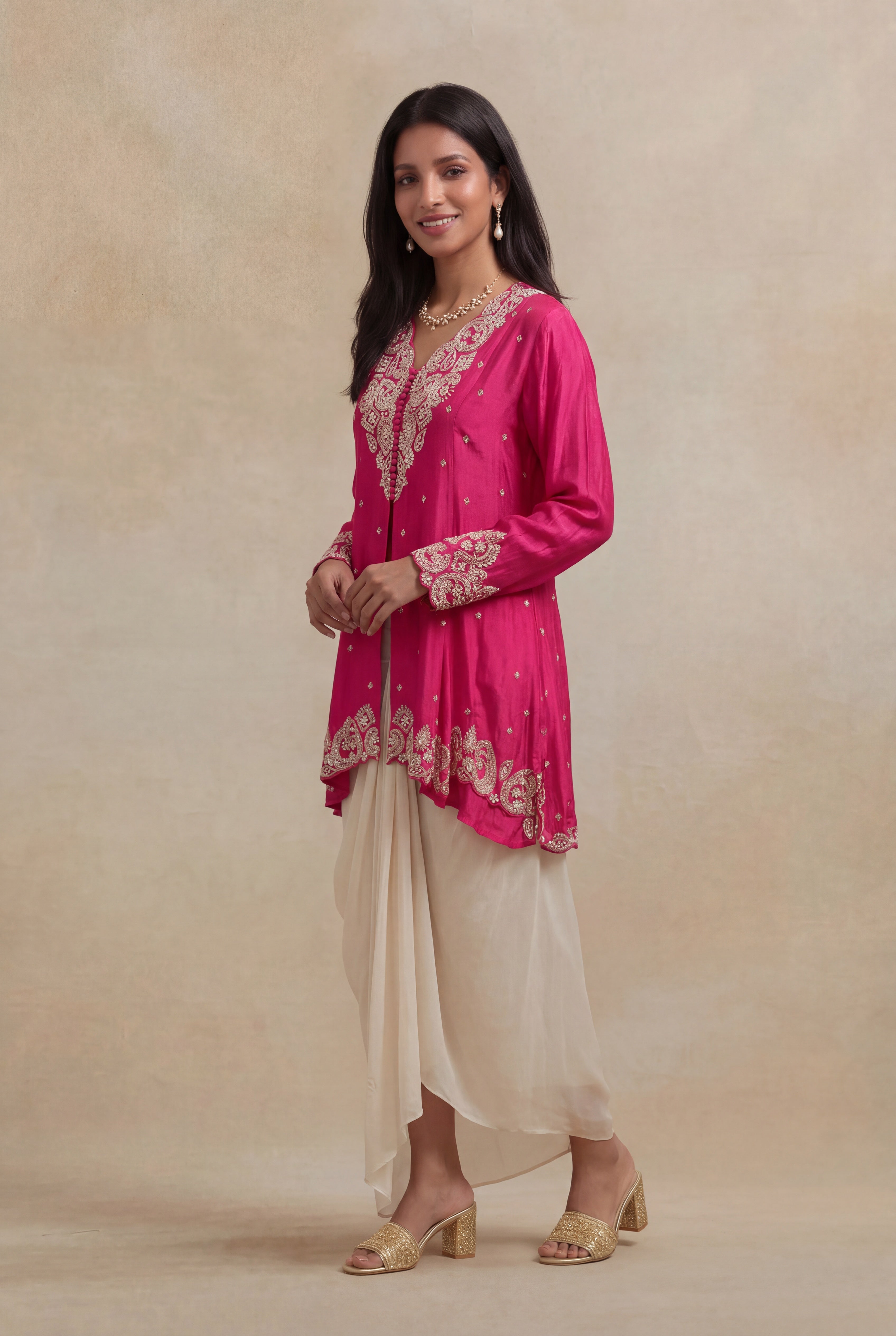 Pink Chinon Georgette Indo-Western Embroidered Draped Set