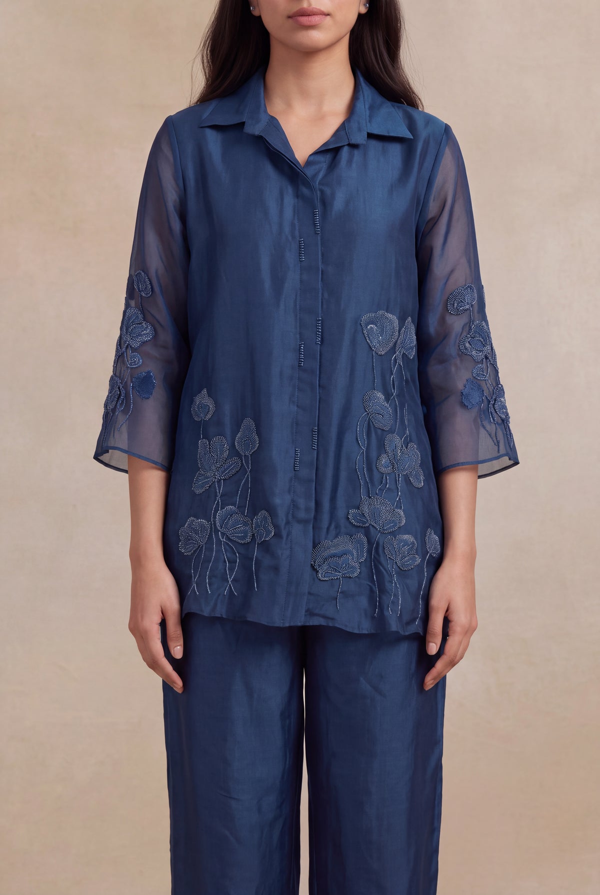 Navy Blue Organza Co-ord Set - Mokshaa