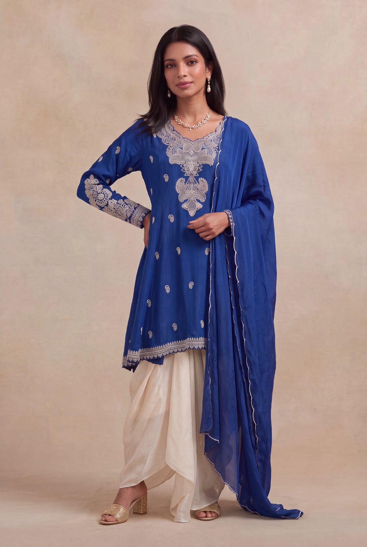 Royal Blue Chinon Indo-Western Set - Mokshaa