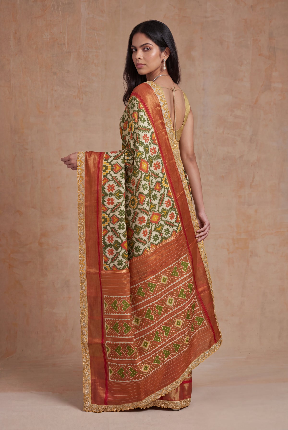 Cream Multicolor Ikat Tissue Silk Saree - Mokshaa