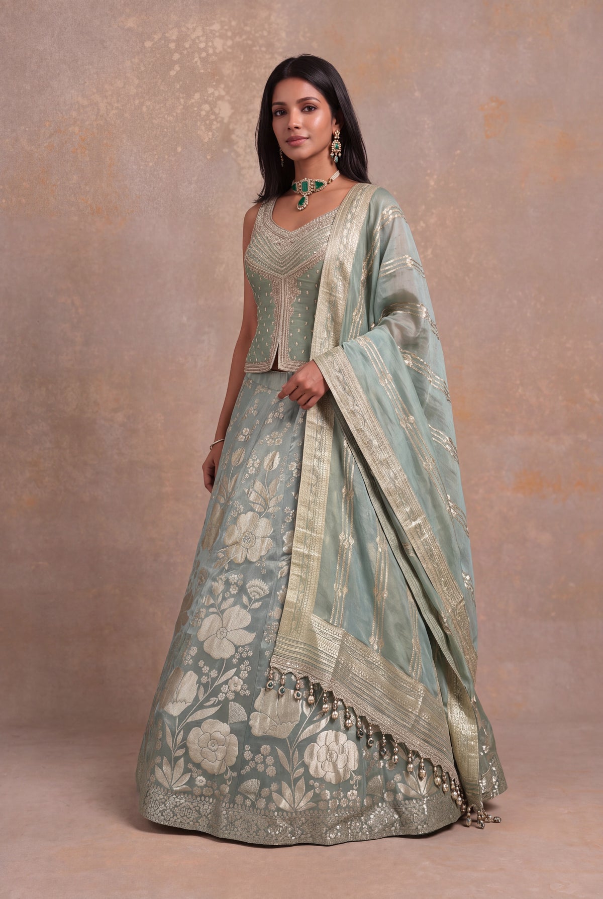 Sage Green Banarasi Tissue Silk Lehenga with Embellished Blouse - Mokshaa