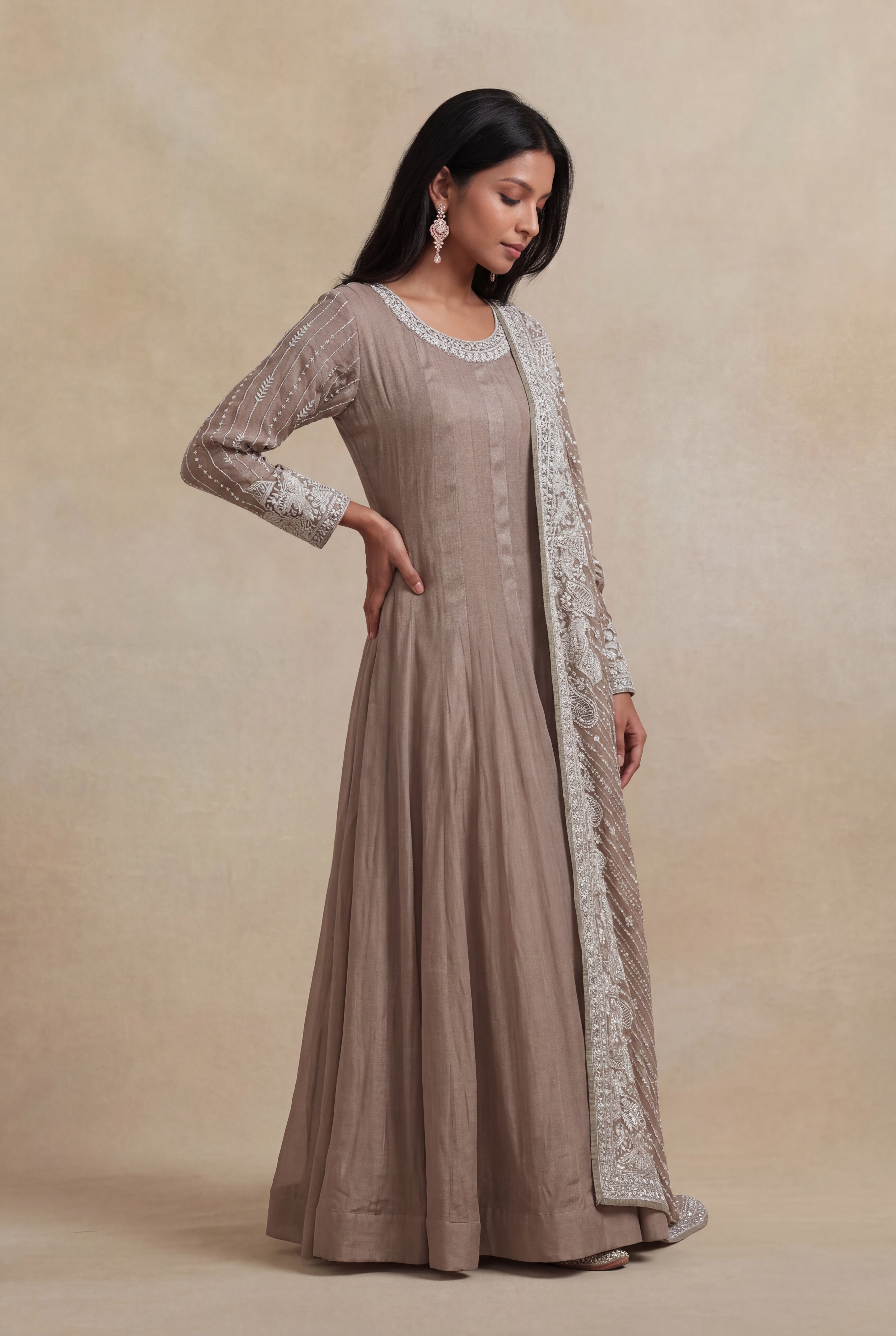 Elephant Grey Grape Fabric Embroidered Anarkali Suit