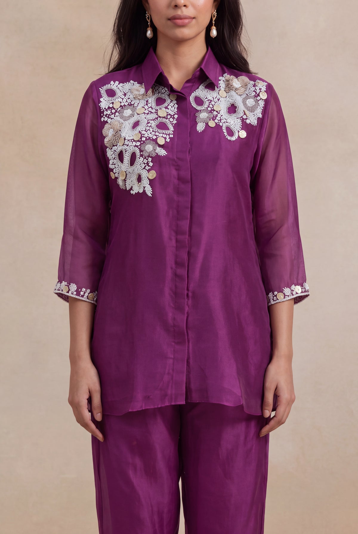 Wine Organza Co-ord Set - Mokshaa