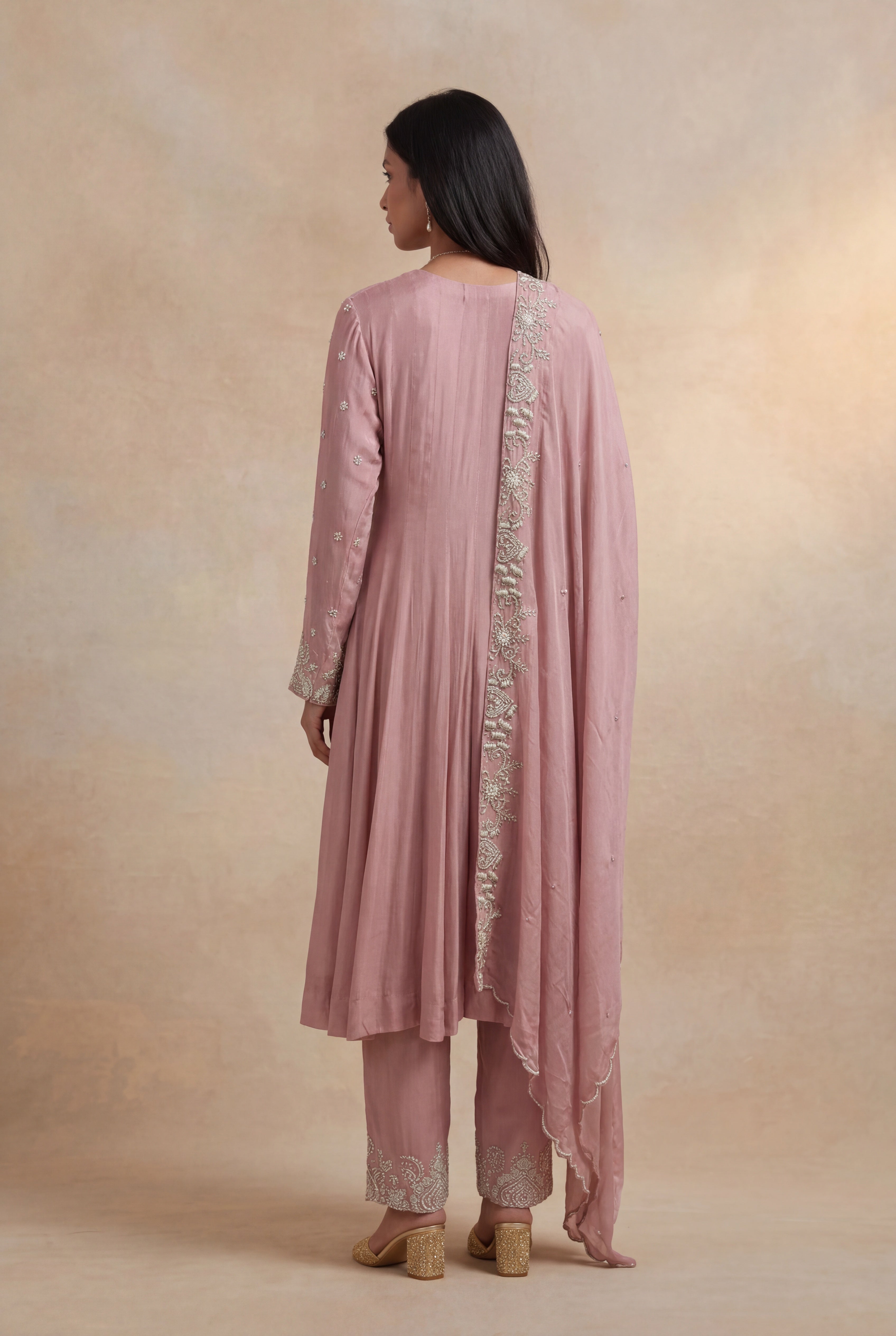 Peach Grape Fabric Embroidered Anarkali Suit Set with Dupatta