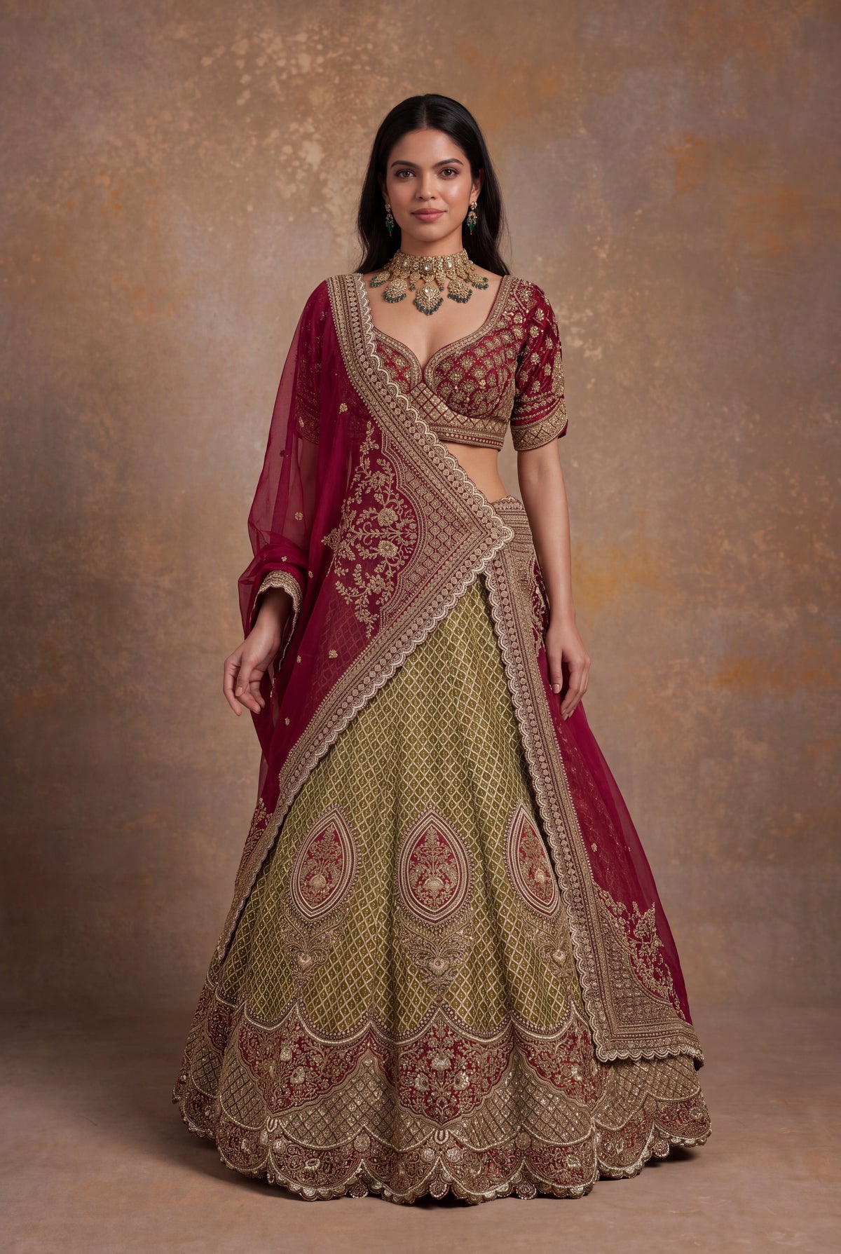 Olive Green Printed Silk Lehenga Set with Zardozi and Cutdana Work - Mokshaa