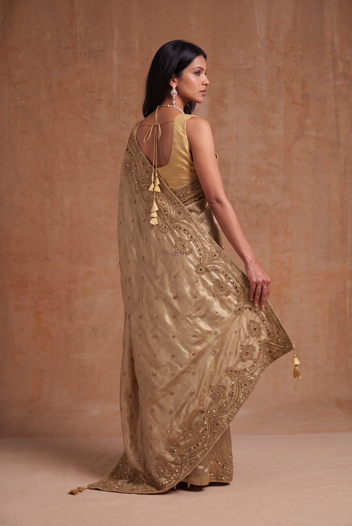 Antique Gold Tissue Zardosi Saree - Mokshaa