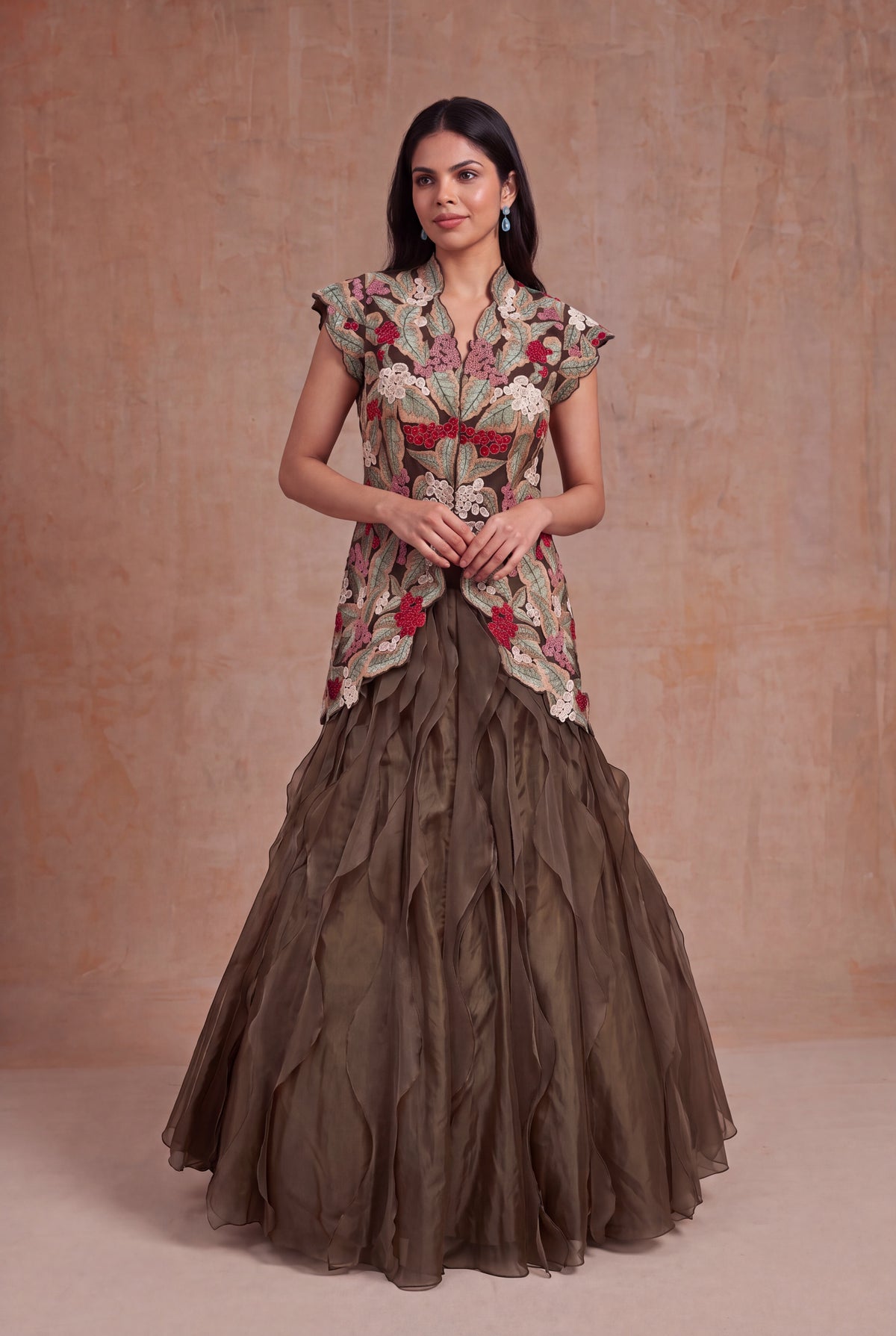 Olive Green Silk & Organza Botanical Embroidery Set - Mokshaa