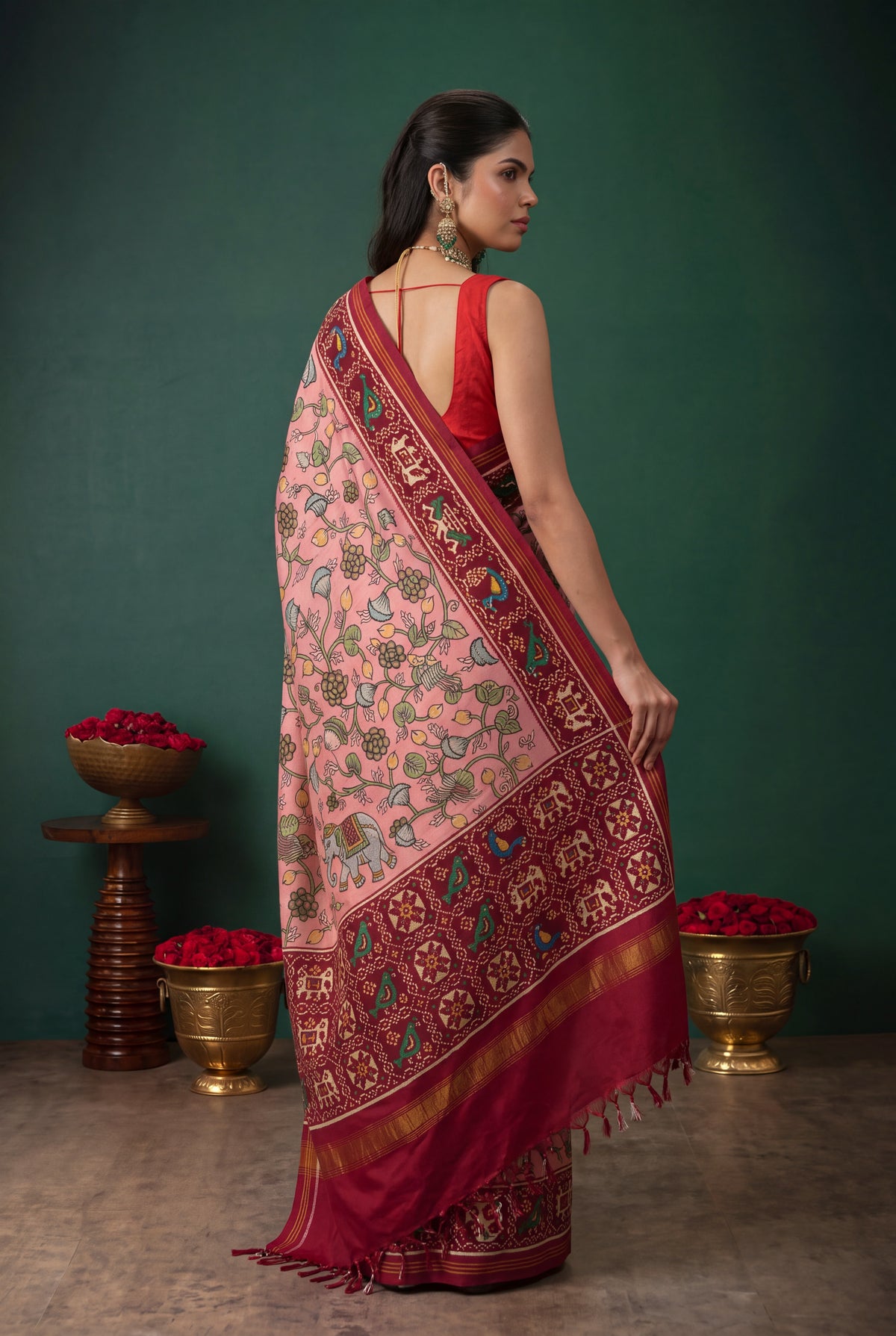Peach Patan Patola Silk Kalamkari Saree - Mokshaa