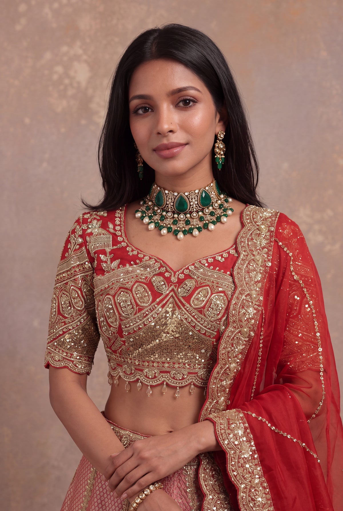 Rust Orange Banarasi Tissue Lehenga Set with Zardozi Embroidery - Mokshaa