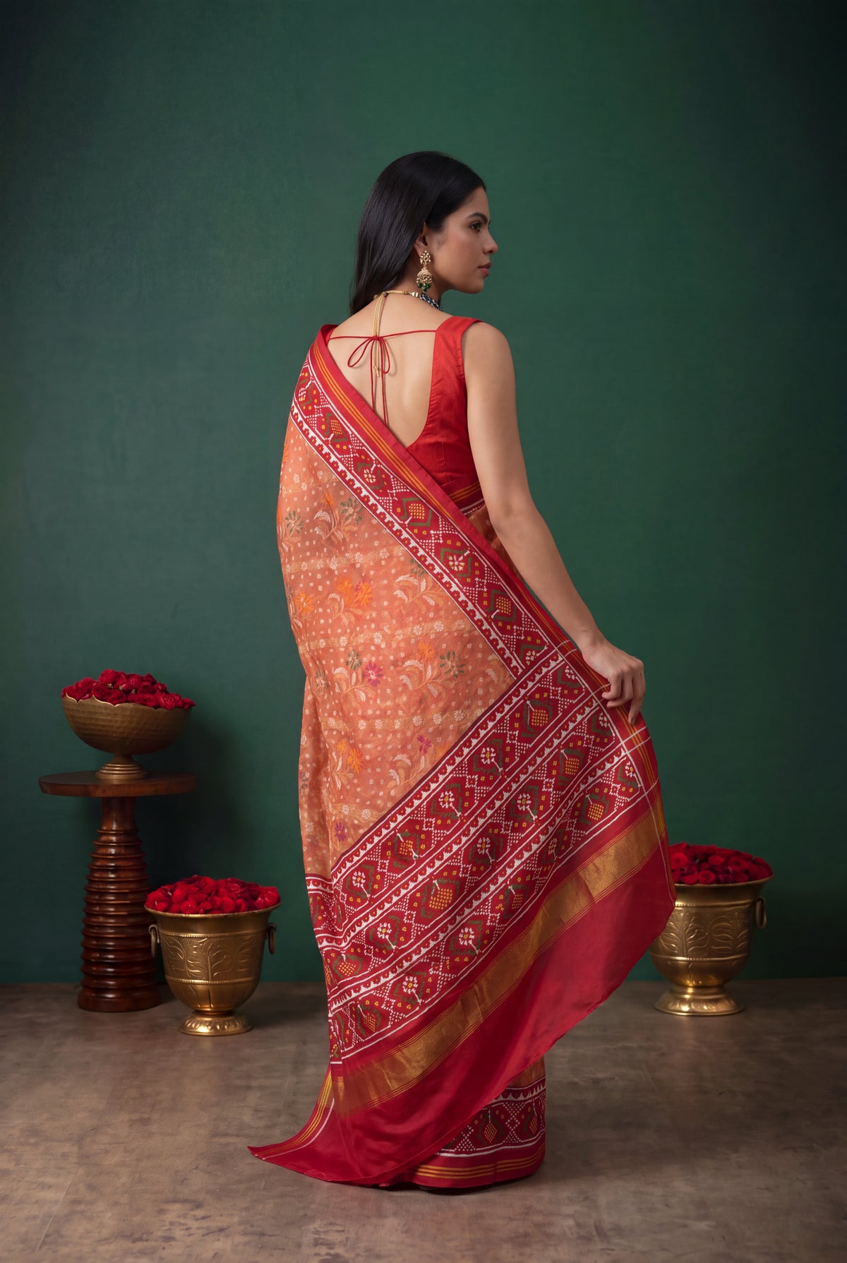 Peach Kora Silk Jamdani Saree - Mokshaa